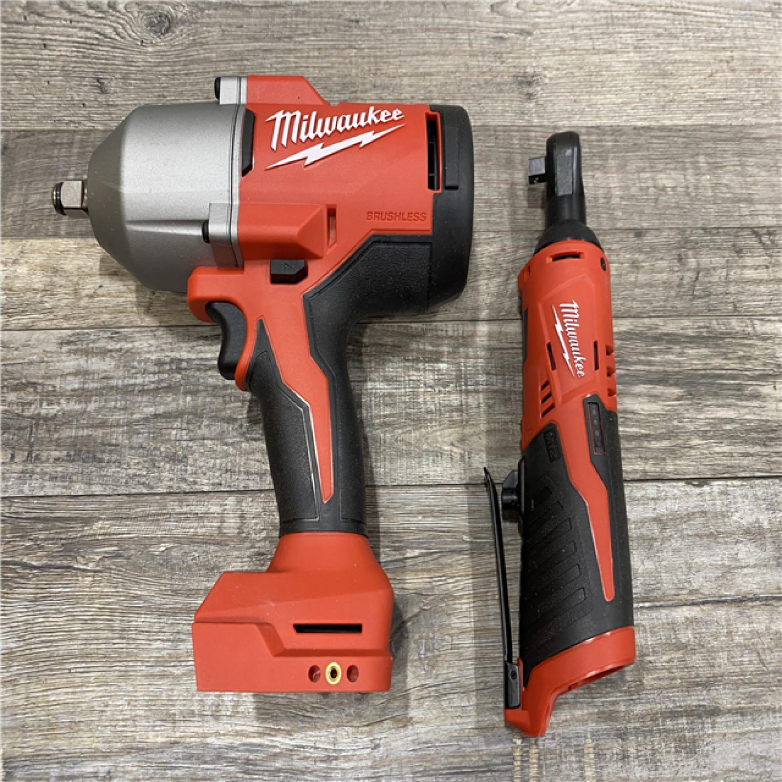 AS-IS Milwaukee 12/18V Lithium-Ion Cordless 3/8 in. Ratchet and 1/2 in. High Torque Impact Wrench with Friction Ring Combo Kit