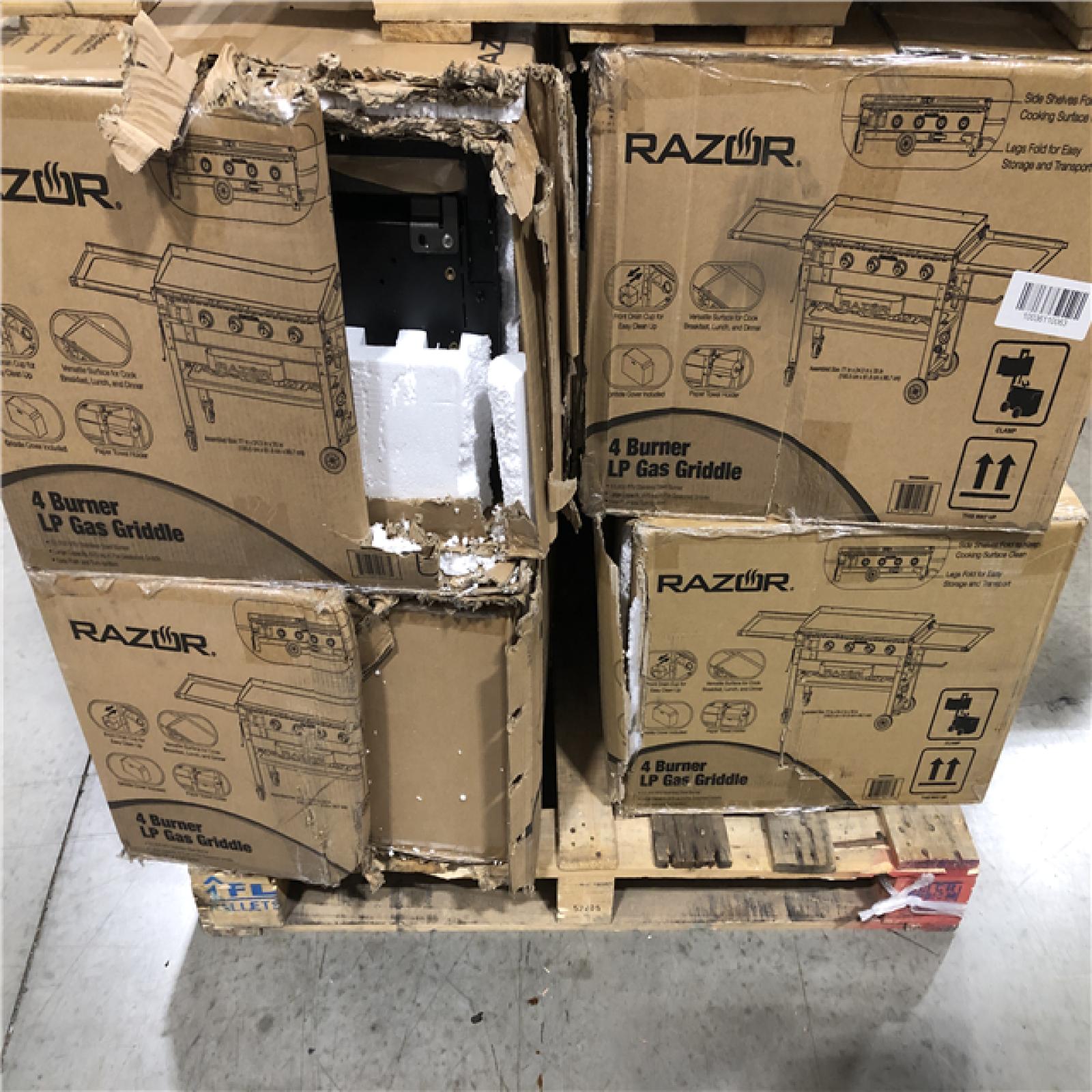 DALLAS LOCATION - Razor 37 in. 4-Burner Portable Propane Gas Griddle Flat Top Grill in Black with Foldable Shelves and Cover PALLET-(4 UNITS)