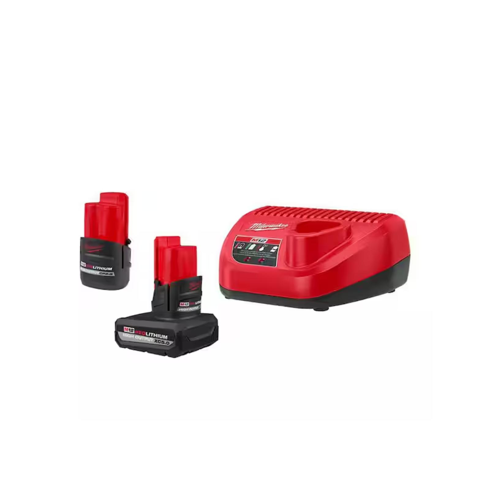 NEW! - Milwaukee M12 12-Volt Lithium-Ion High Output 5.0 Ah and 2.5 Ah Battery Packs and Charger Starter Kit