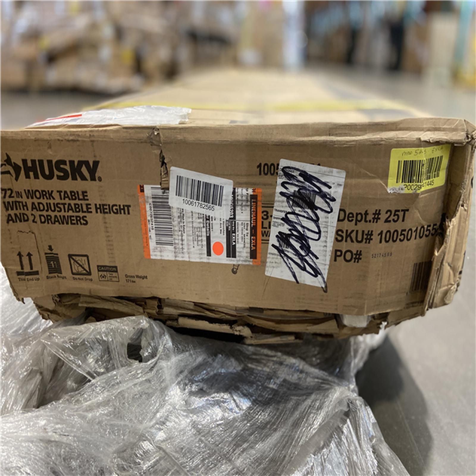 DALLAS LOCATION - Husky 72 in. W x 24 in. D 2-Drawer Adjustable Height White Worktable with Solid Wood Top