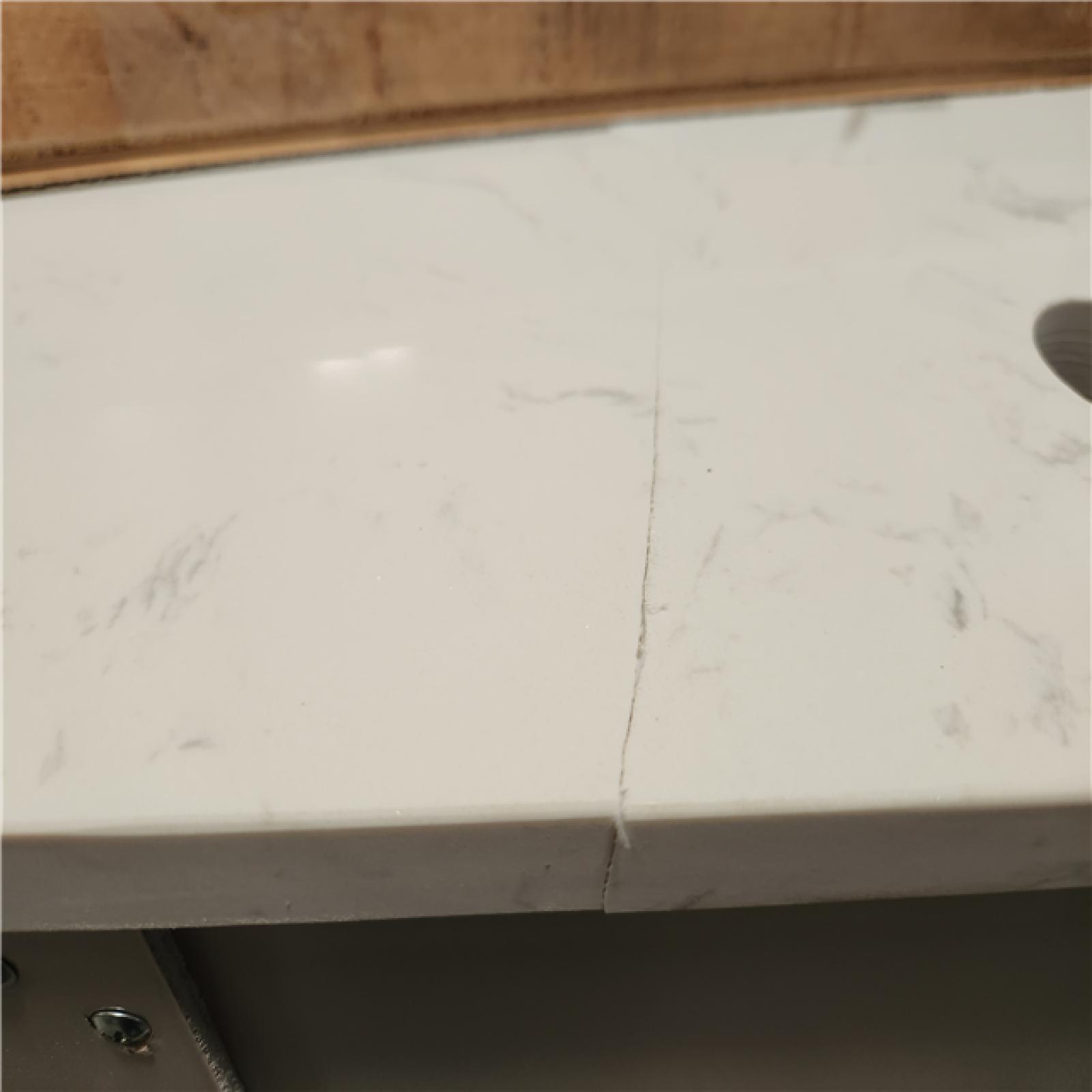 Phoenix Location AS-IS Home Decorators Collection Talmore 72 in. Double Sink Sky Grey Bath Vanity with White Engineered Carrara Marble Top (Assembled) (Damaged Top)