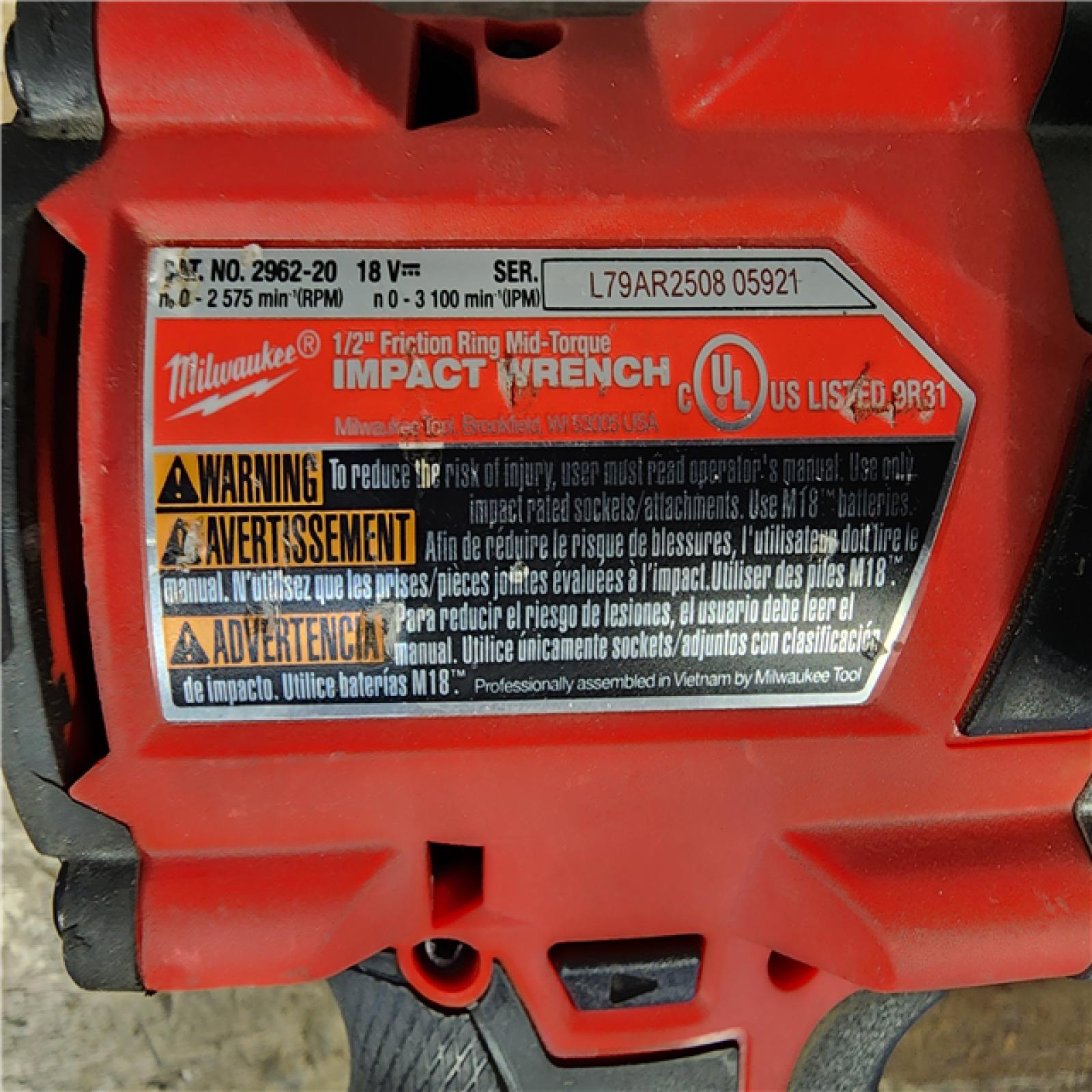 HOUSTON LOCATION - AS-IS Milwaukee 2962-20  M18 18V Fuel 1/2 Mid-Torque Impact Wrench Cordless Lithium-Ion Brushless (Tool-Only)