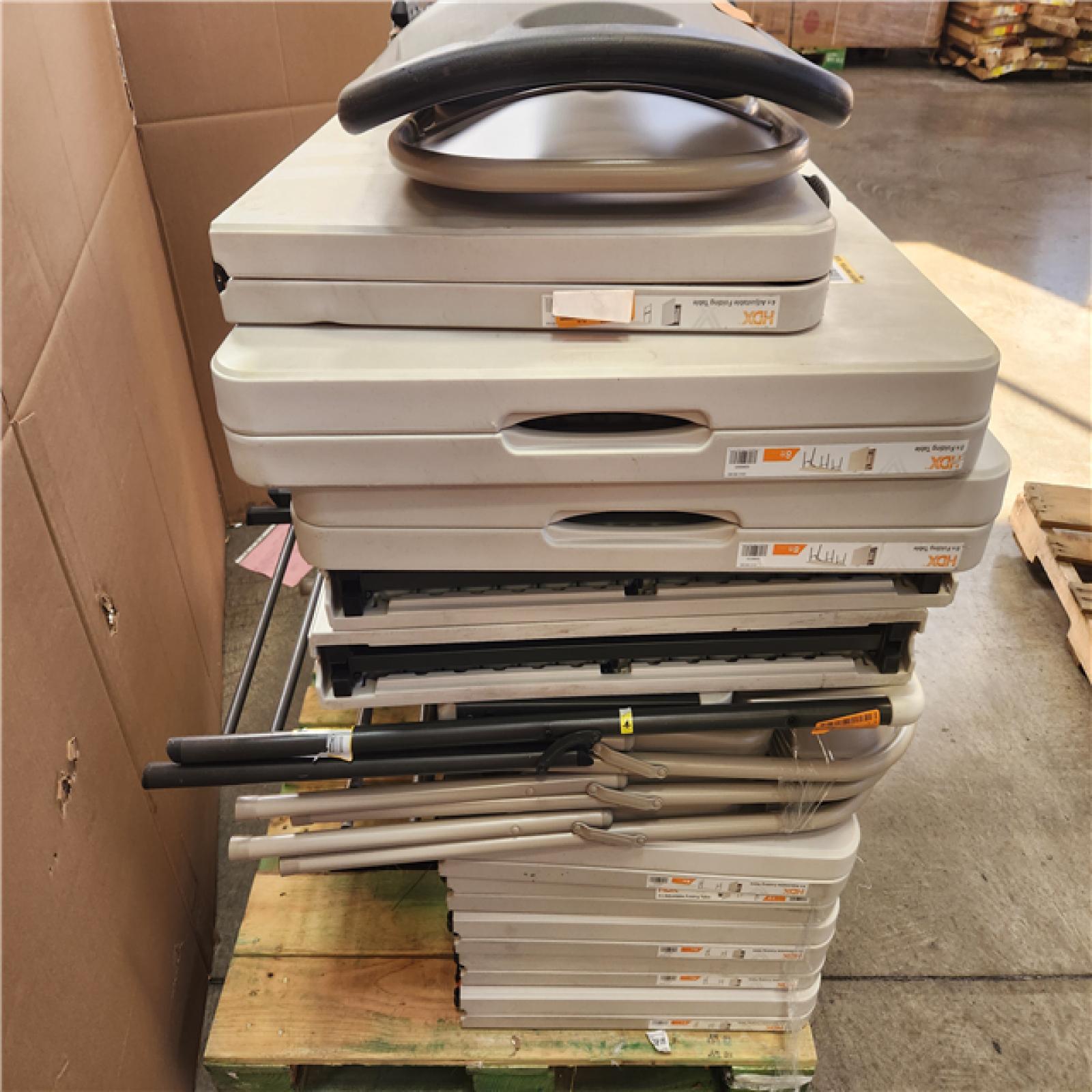 Phoenix AS-IS Mixed HDX Rectangle Almond Resin Top Single Hand Height Adjustable Folding Utility Table with Chairs Pallet (16-Tables)