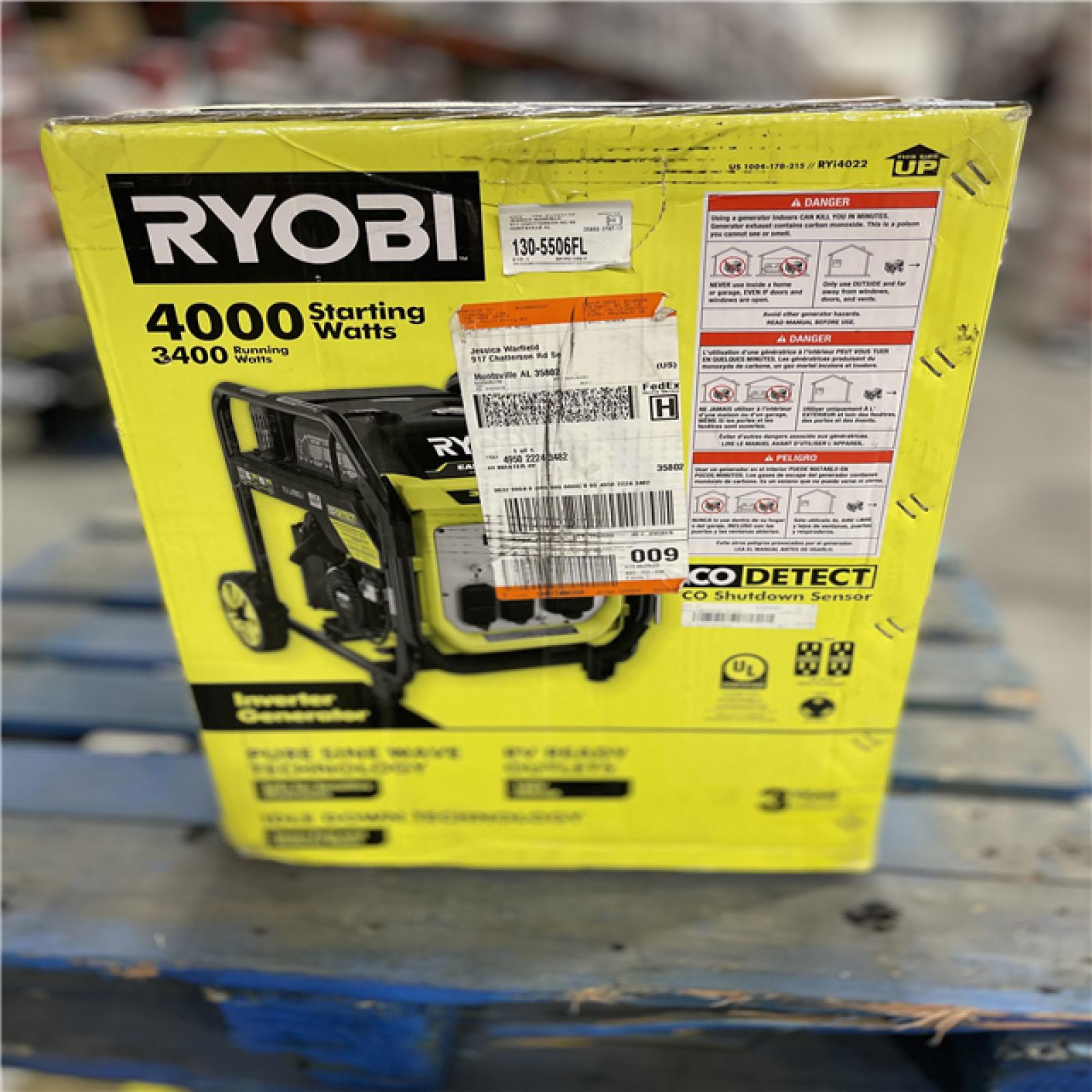 DALLAS LOCATION- NEW! RYOBI 4000 WATT GAS GENERATOR WITH CO DETECT