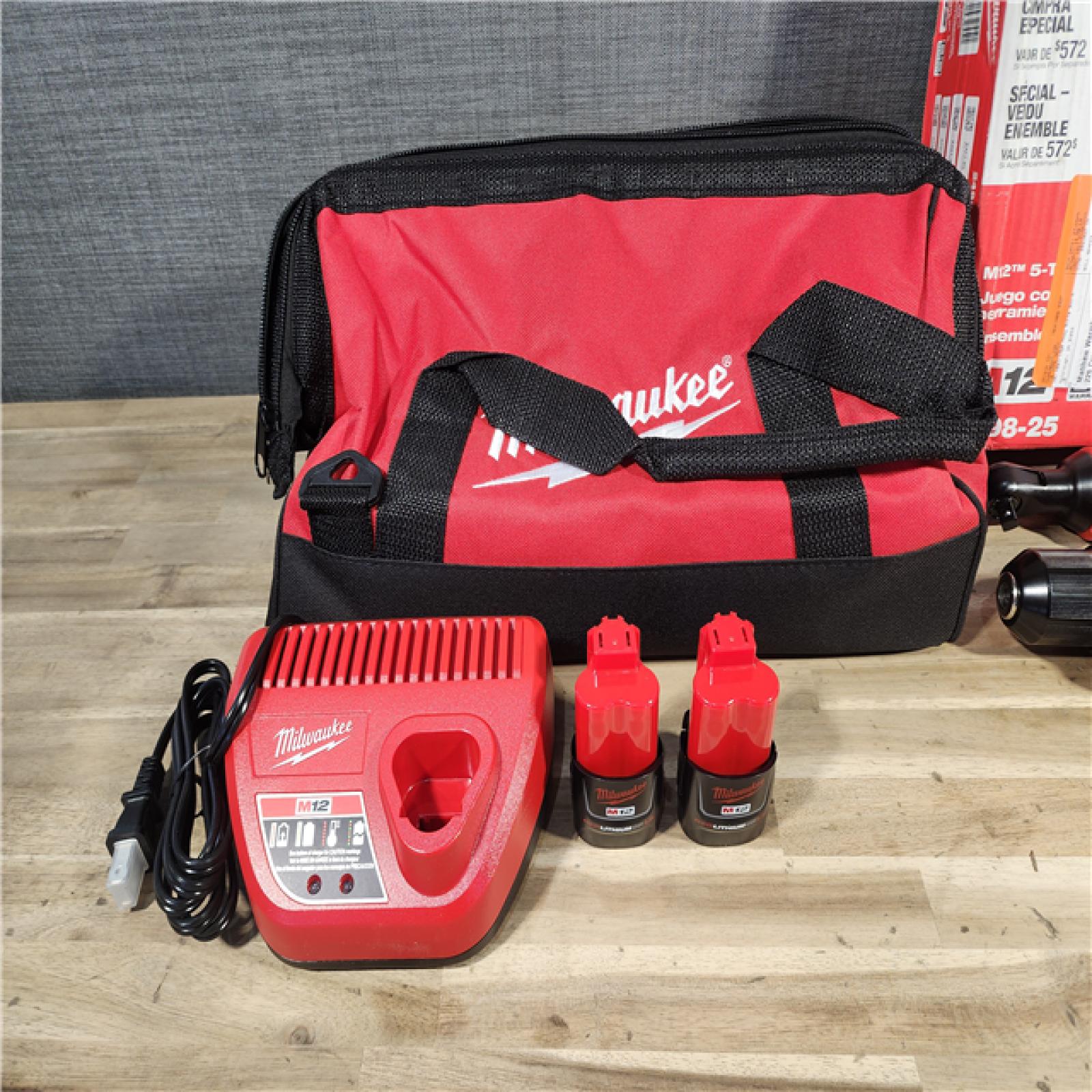 HOUSTON LOCATION - AS-IS (APPEARS LIKE NEW) MILWAUKEE M12 12V Lithium-Ion Cordless Combo Kit (5-Tool) with Two 1.5Ah Batteries, Charger & Tool Bag
