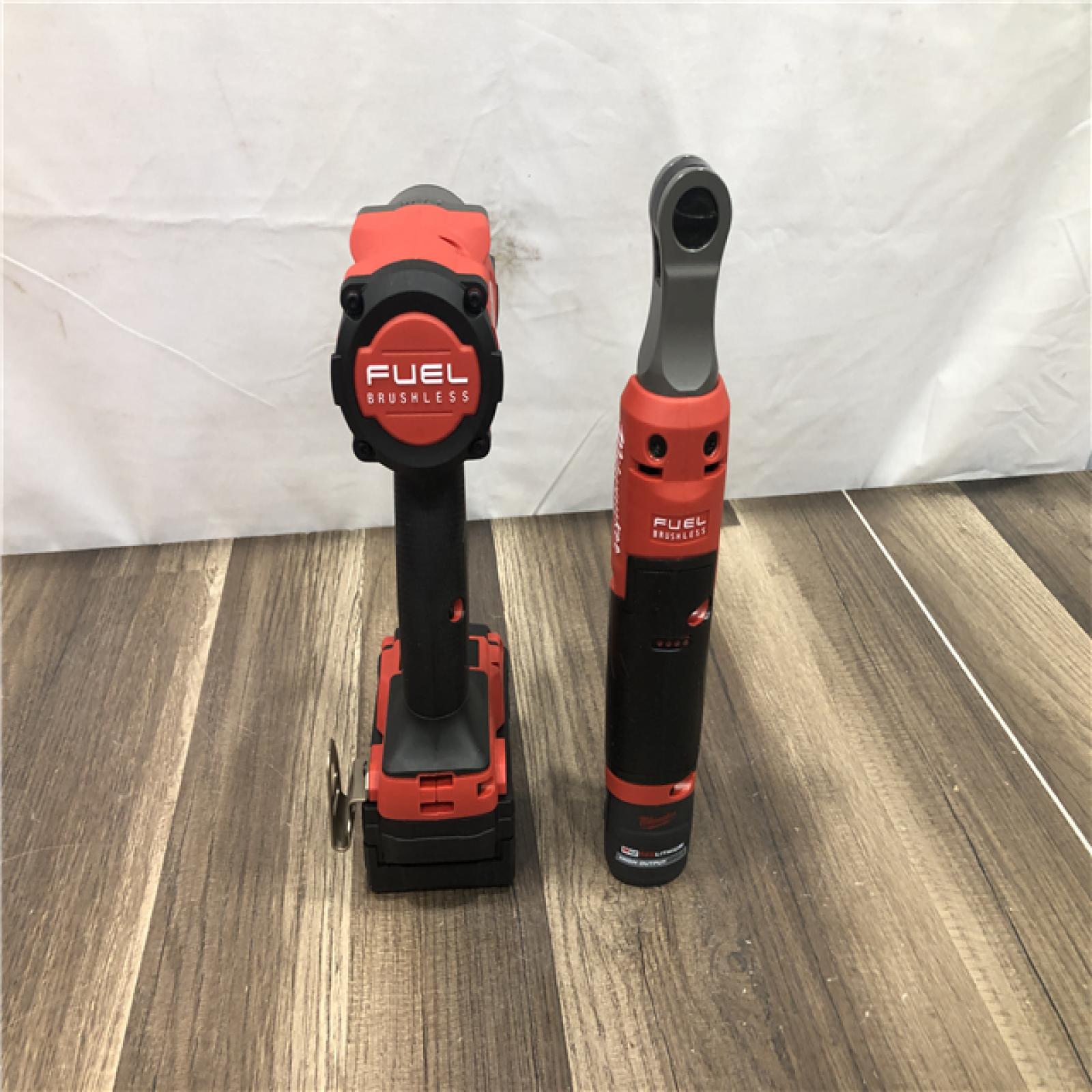 AS-IS Milwaukee FUEL 18V Cordless Mid Torque 1/2 in. Impact Wrench w/ M12 FUEL 3/8 in. Ratchet & Battery/Charger Combo Kit