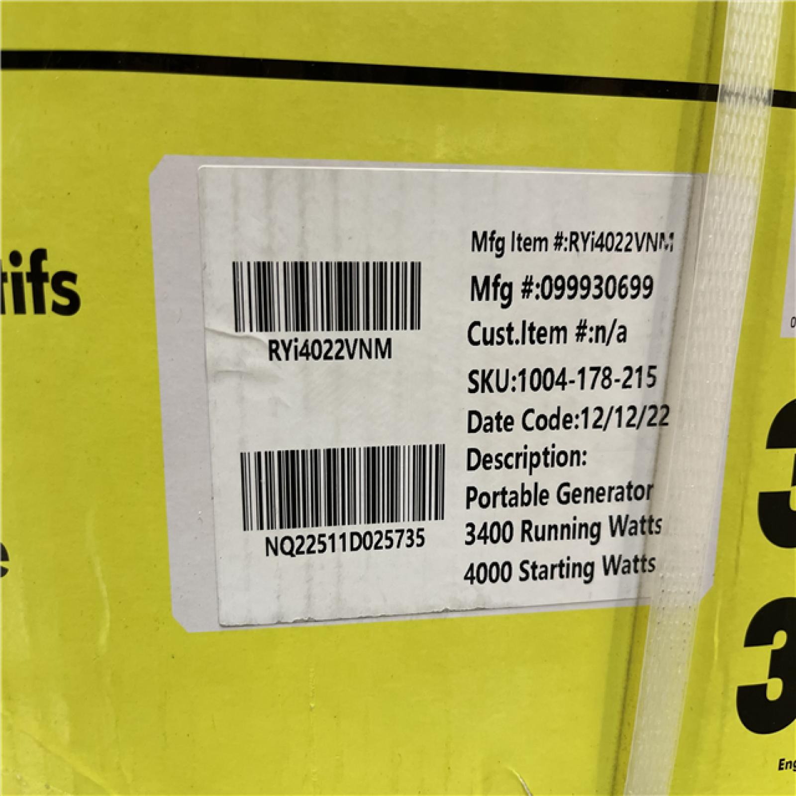 DALLAS LOCATION -NEW! RYOBI 4000-Watt Recoil Start Gasoline Powered Digital Inverter Generator