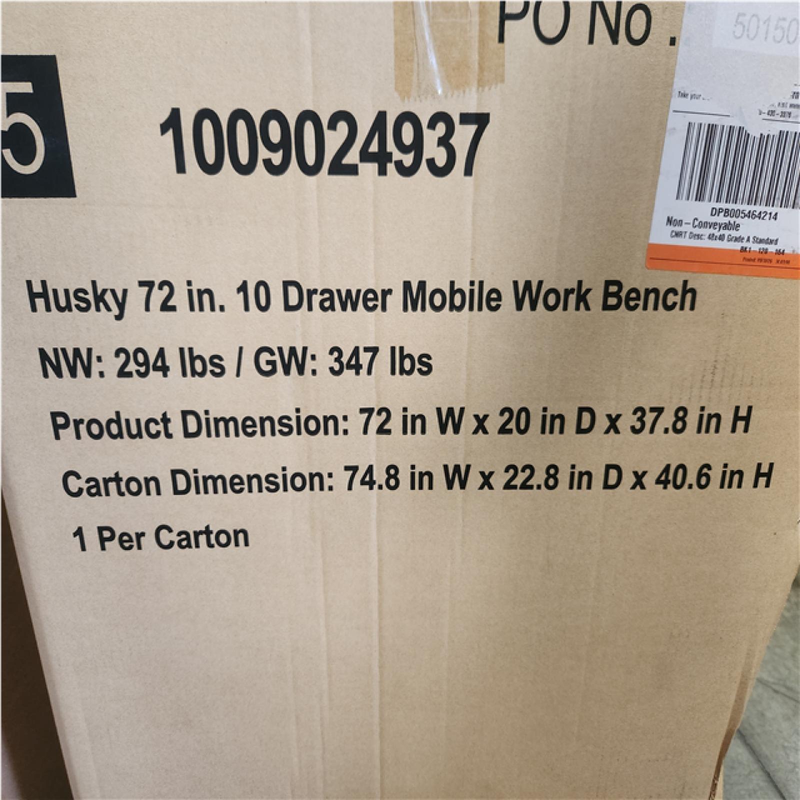 Phoenix SEALED Husky Standard Duty 72 in. W x 20 in. D 10-Drawer Gloss Black Mobile Workbench Cabinet with Solid Wood Top
