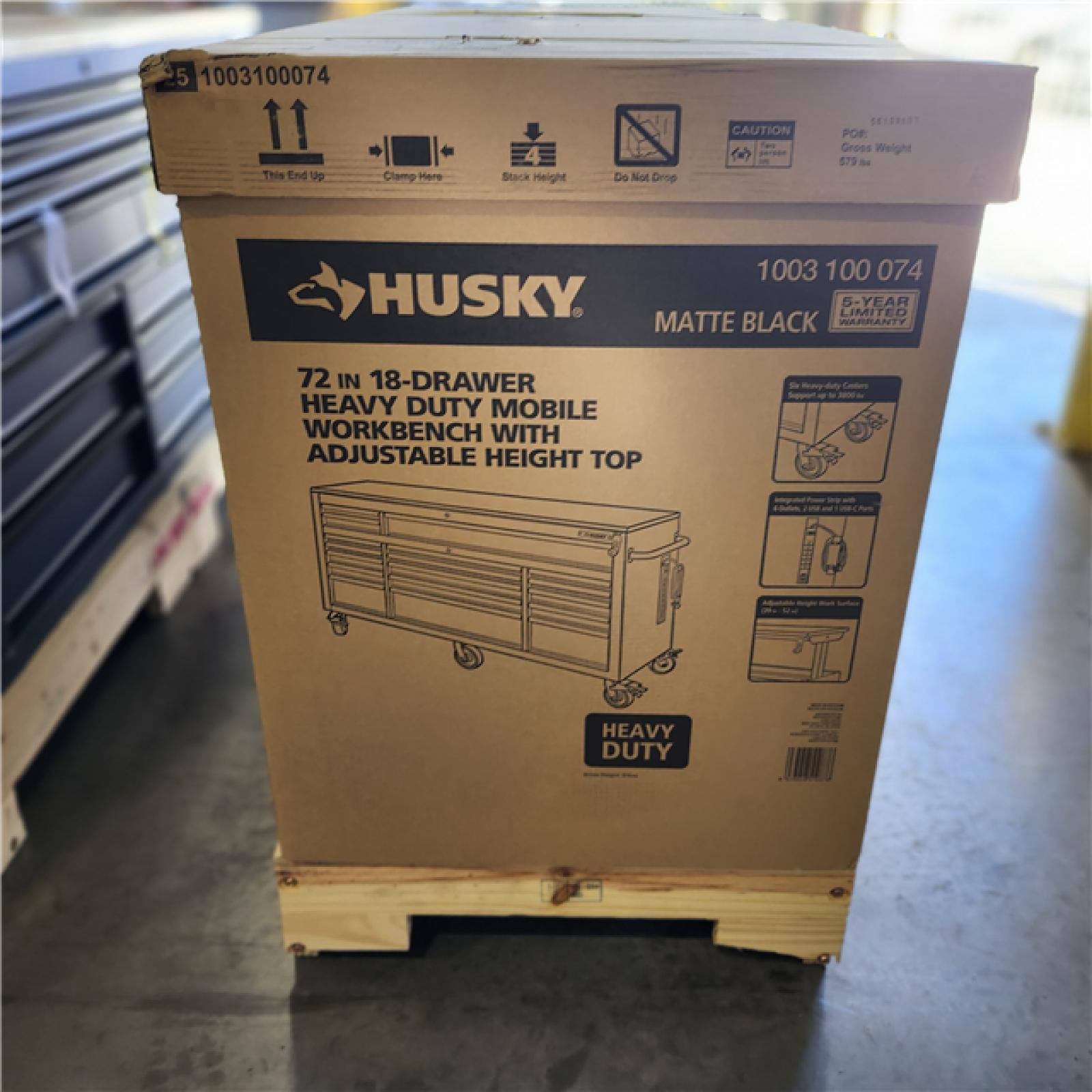 DALLAS LOCATION- Husky 72 in. W x 24 in. D Heavy Duty 18-Drawer Mobile Workbench Cabinet with Adjustable-Height Hardwood Top in Matte Black