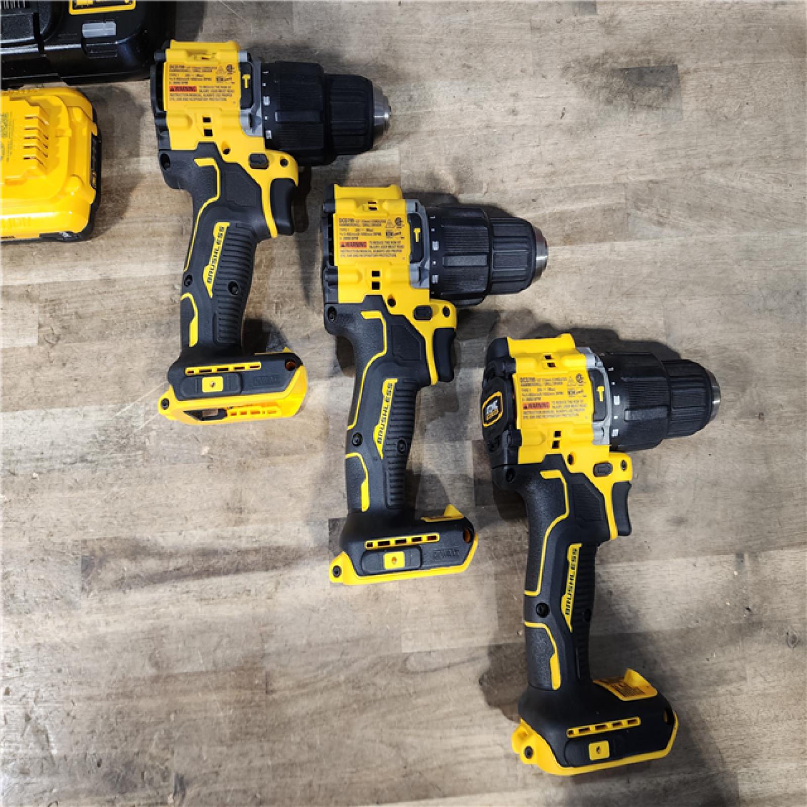 HOUSTON LOCATION - AS-IS (APPEARS LIKE NEW) (3) DeWalt ATOMIC 20-Volt Lithium-Ion Cordless 1/2 in. Compact Hammer Drill with 3.0Ah Battery  Charger and Bag