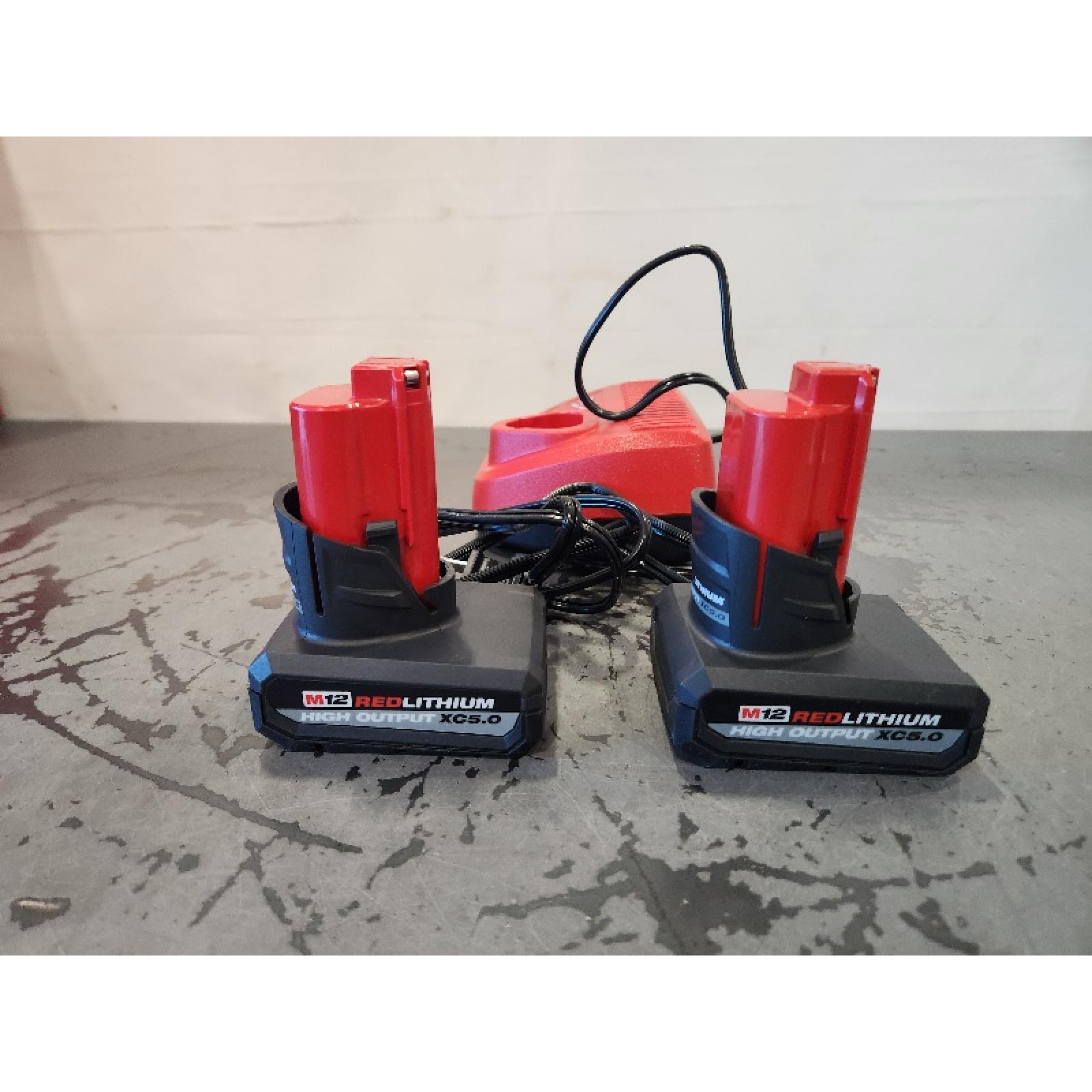 AS-IS- Milwaukee M12 12V Lithium-Ion XC High Output 5.0 Ah Battery Pack (2-Pack) Starter Kit with Charger