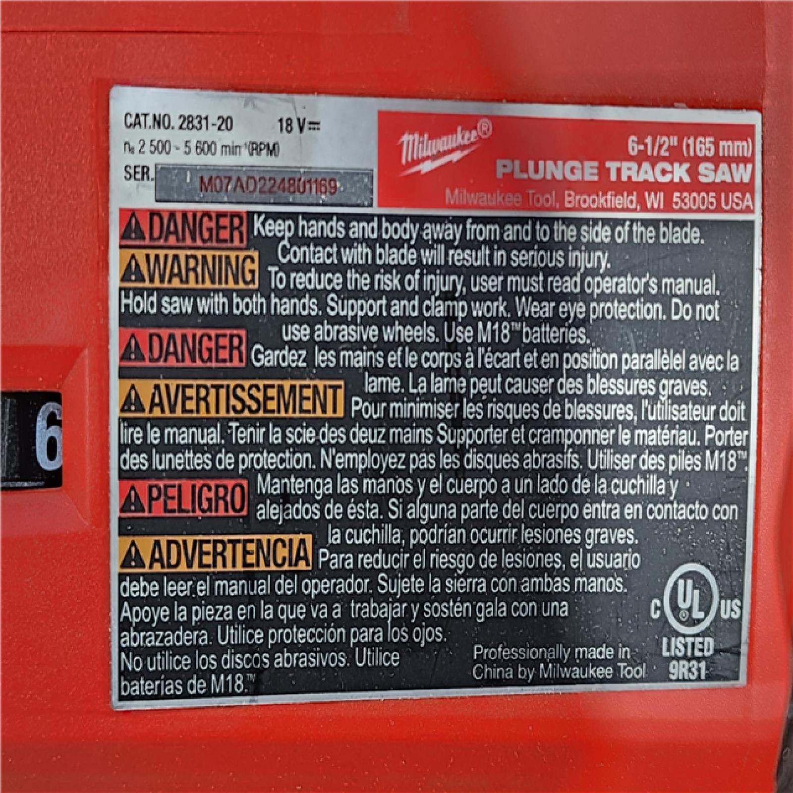 HOUSTON LOCATION - AS-IS Milwaukee  FUEL 18V Lithium-Ion Cordless Brushless 6-1/2 in. Plunge Cut Track Saw (Tool-Only)