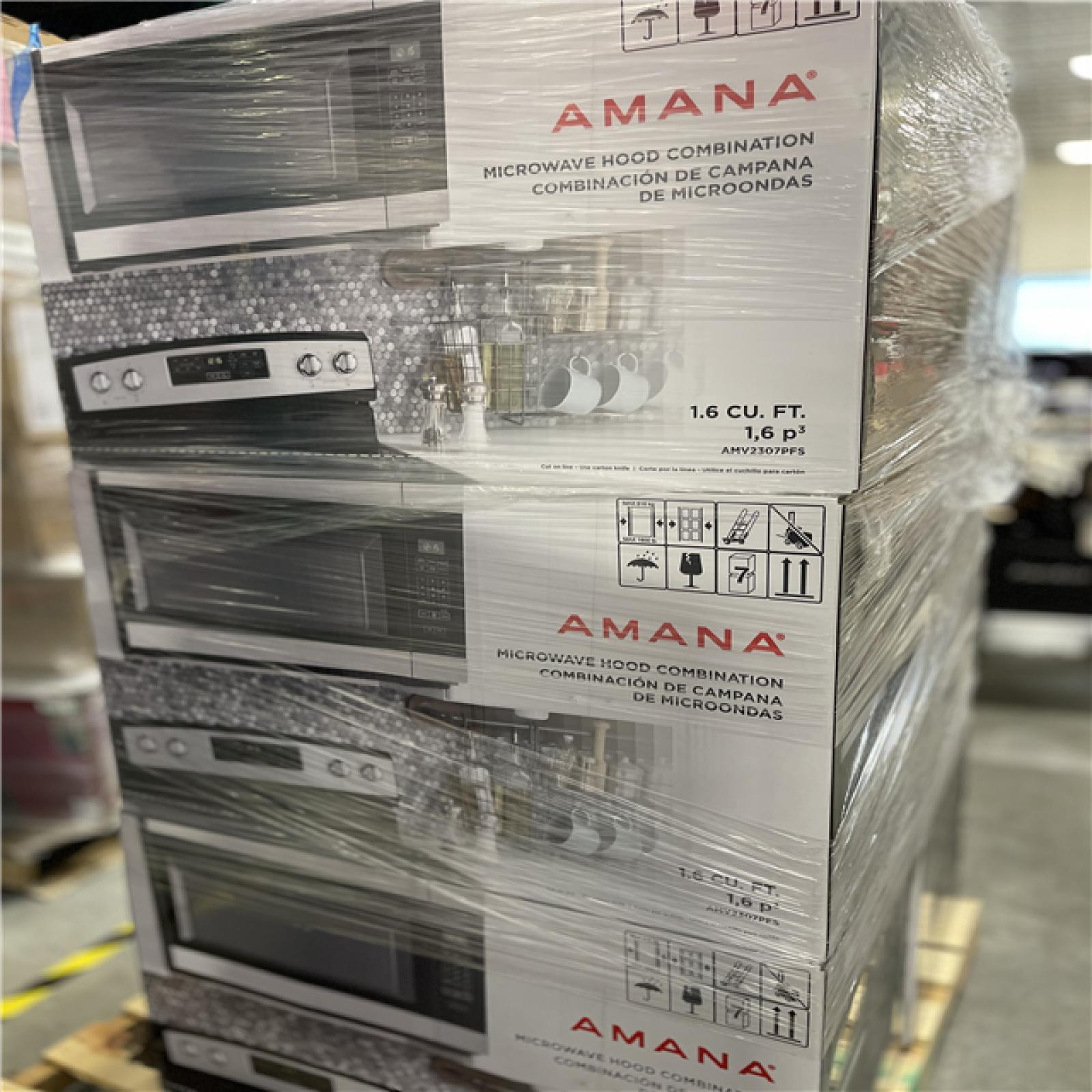 DALLAS LOCATION- NEW!- Amana 1.6 cu. ft. Stainless Steel Electric 1000-Watt Over the Range Microwave 300 Exhaust CFM PALLET (6 UNITS)