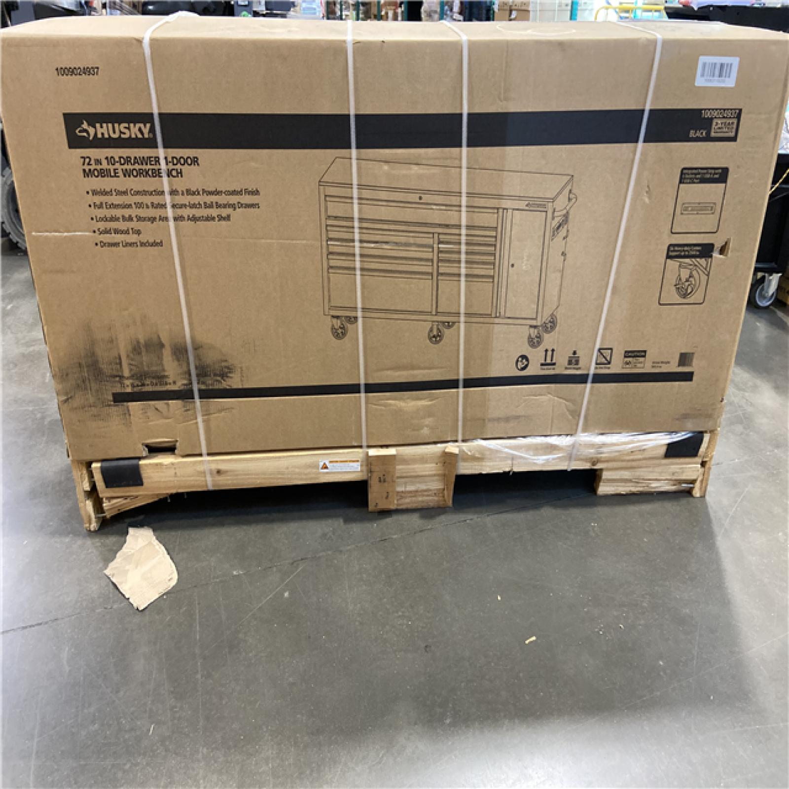DALLAS LOCATION -  Husky Standard Duty 72 in. W x 20 in. D 10-Drawer Black Mobile Workbench Cabinet with Solid Wood Top