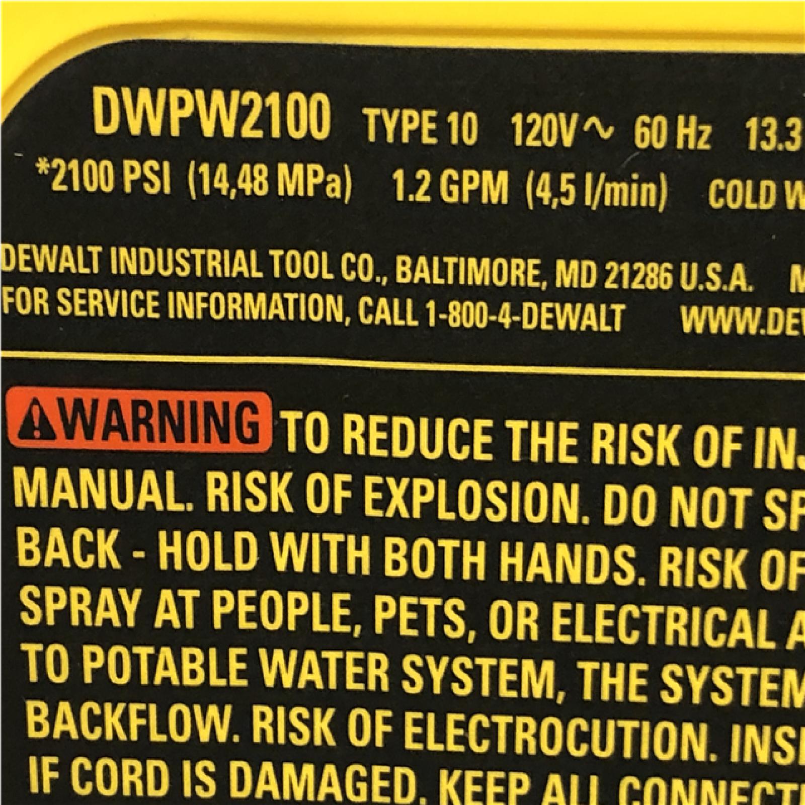 AS-IS DEWALT 2100 PSI 1.2 GPM 13 Amp Cold Water Electric Pressure Washer with Internal Equipment Storage
