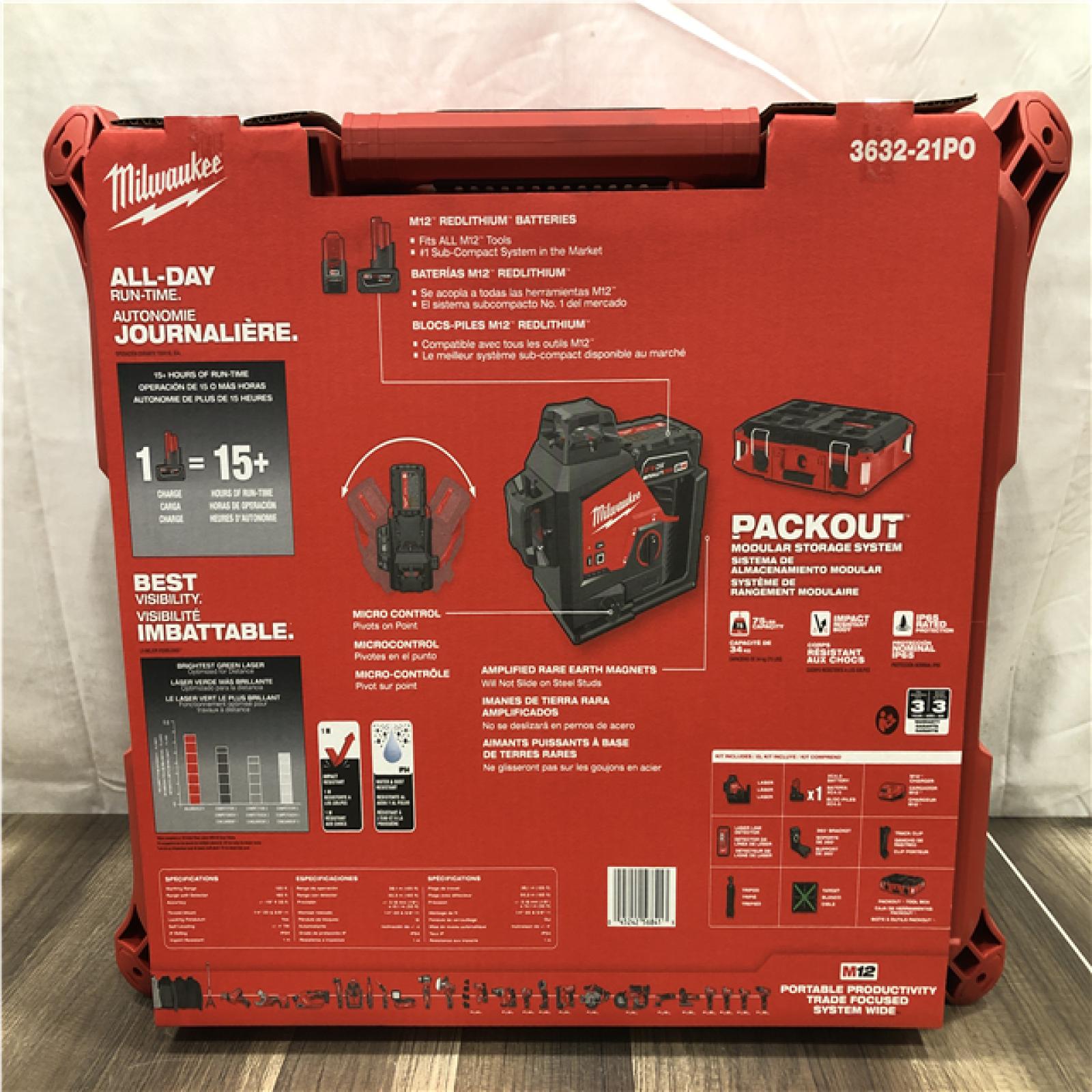 NEW!- Milwaukee M12 12-Volt Lithium-ion Cordless Green 250 ft. 3-Plane Laser Level PACKOUT Kit
