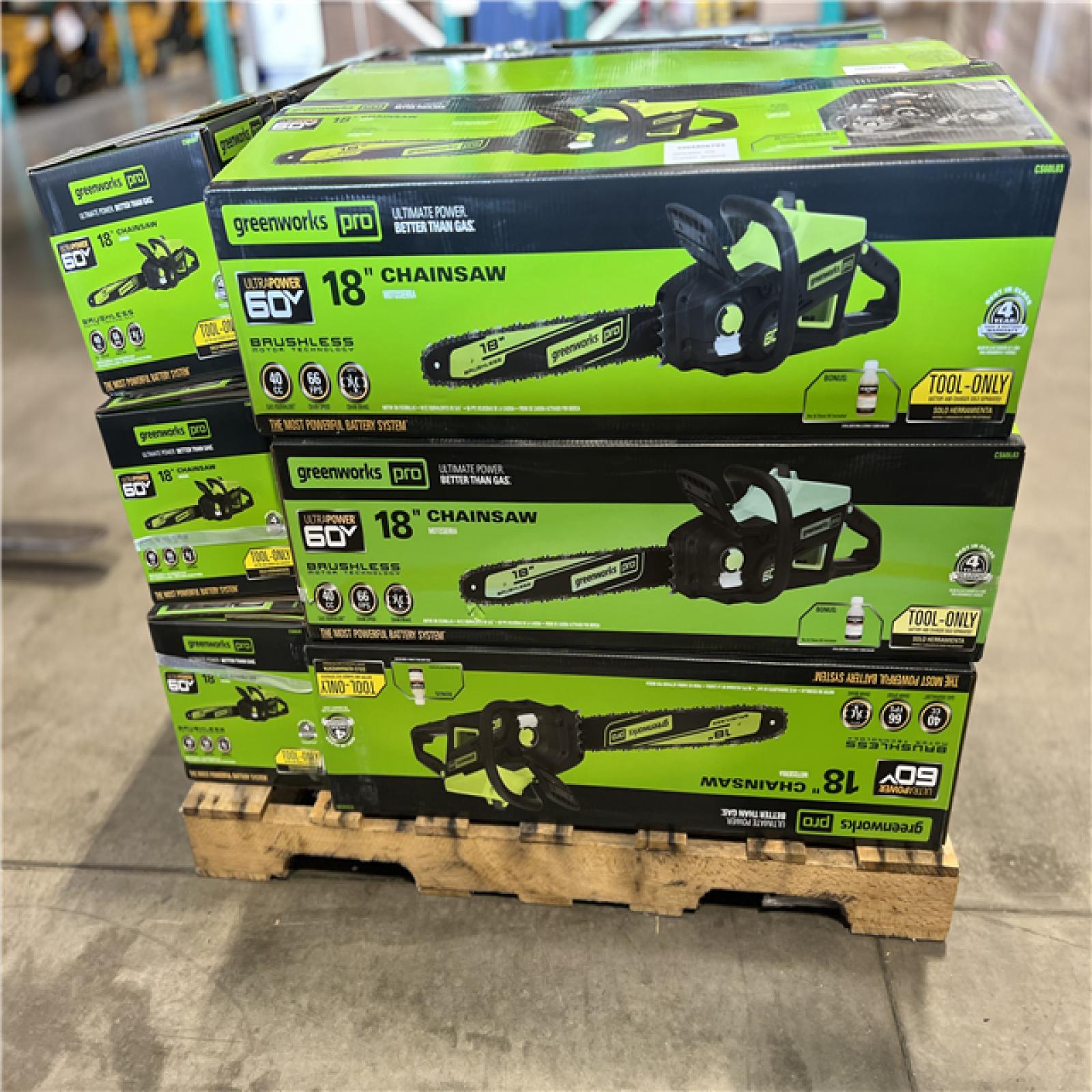 DALLAS LOCATION - Greenworks 18 in. 60V Cordless Chainsaw, Battery and Charger Not Included PALLET -(15 UNITS)