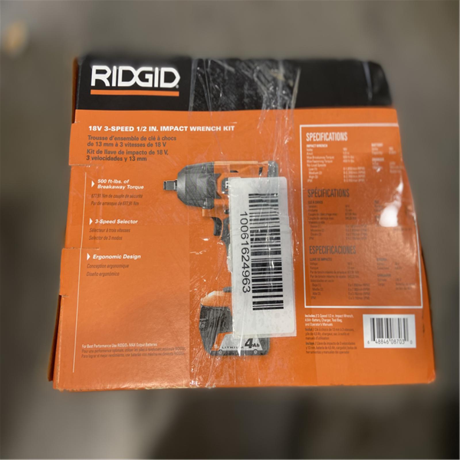 NEW! - RIDGID 18V Cordless 1/2 in. Impact Wrench Kit with 4.0 Ah Battery and Charger (3 UNITS)
