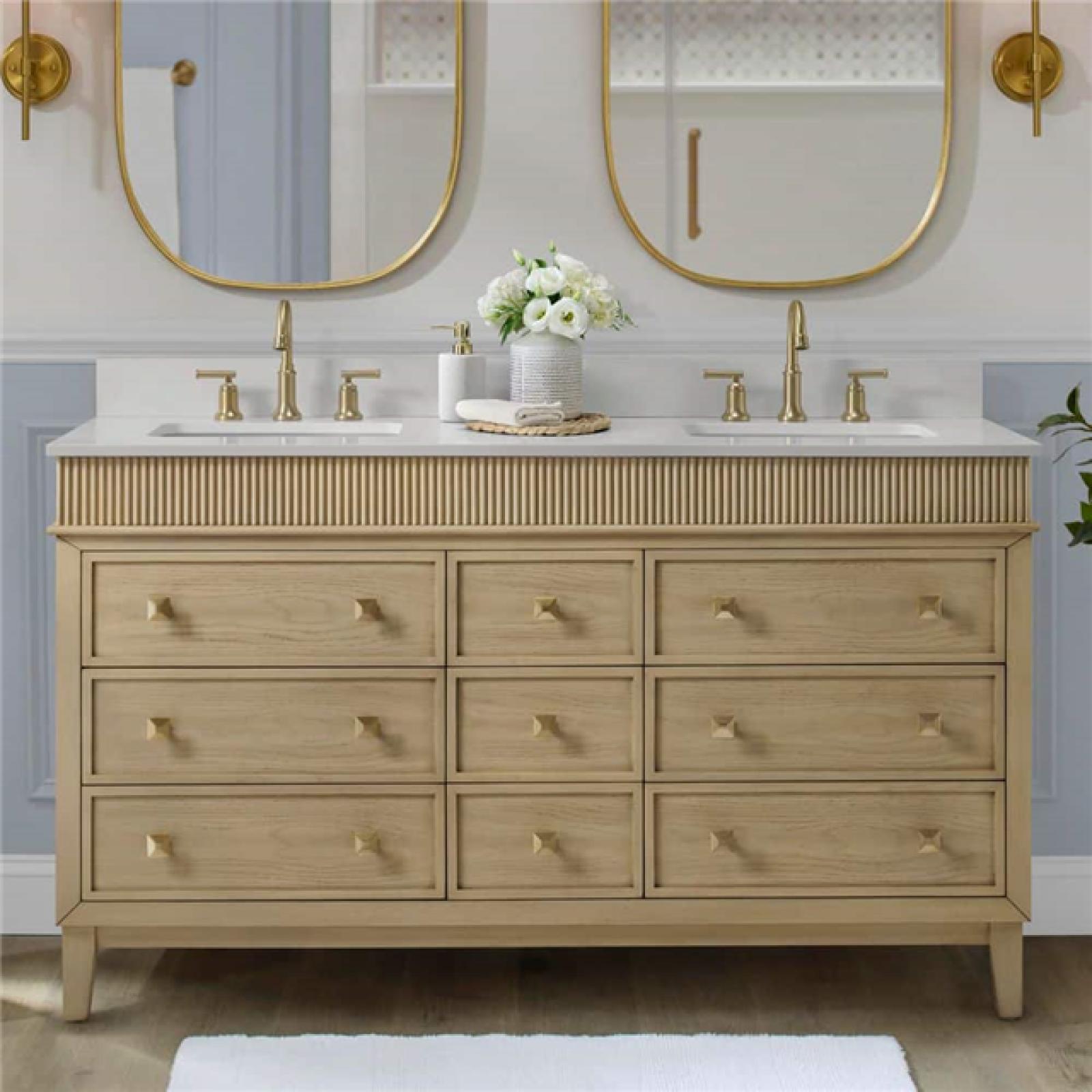 Phoenix NEW Home Decorators Collection Danby 60 in. Double Sink Platinum Oak Bath Vanity with White Engineered Marble Top (Assembled)