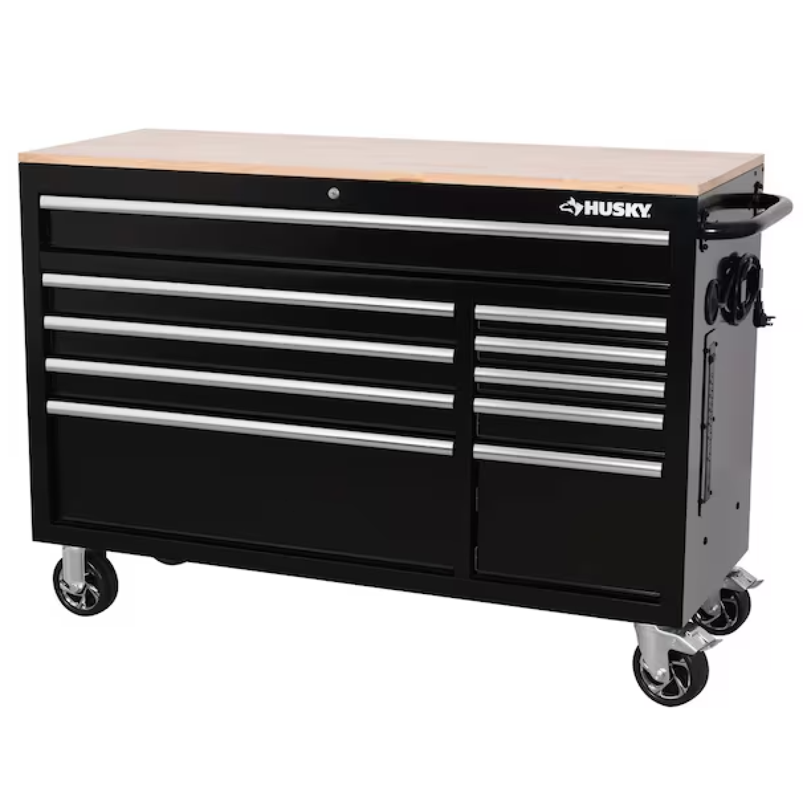 DALLAS LOCATION - AS IS - HUSKY 52 in. W x 20 in. D Standard Duty Black Mobile Workbench Cabinet W/ Wood Top (GLOSS BLACK)