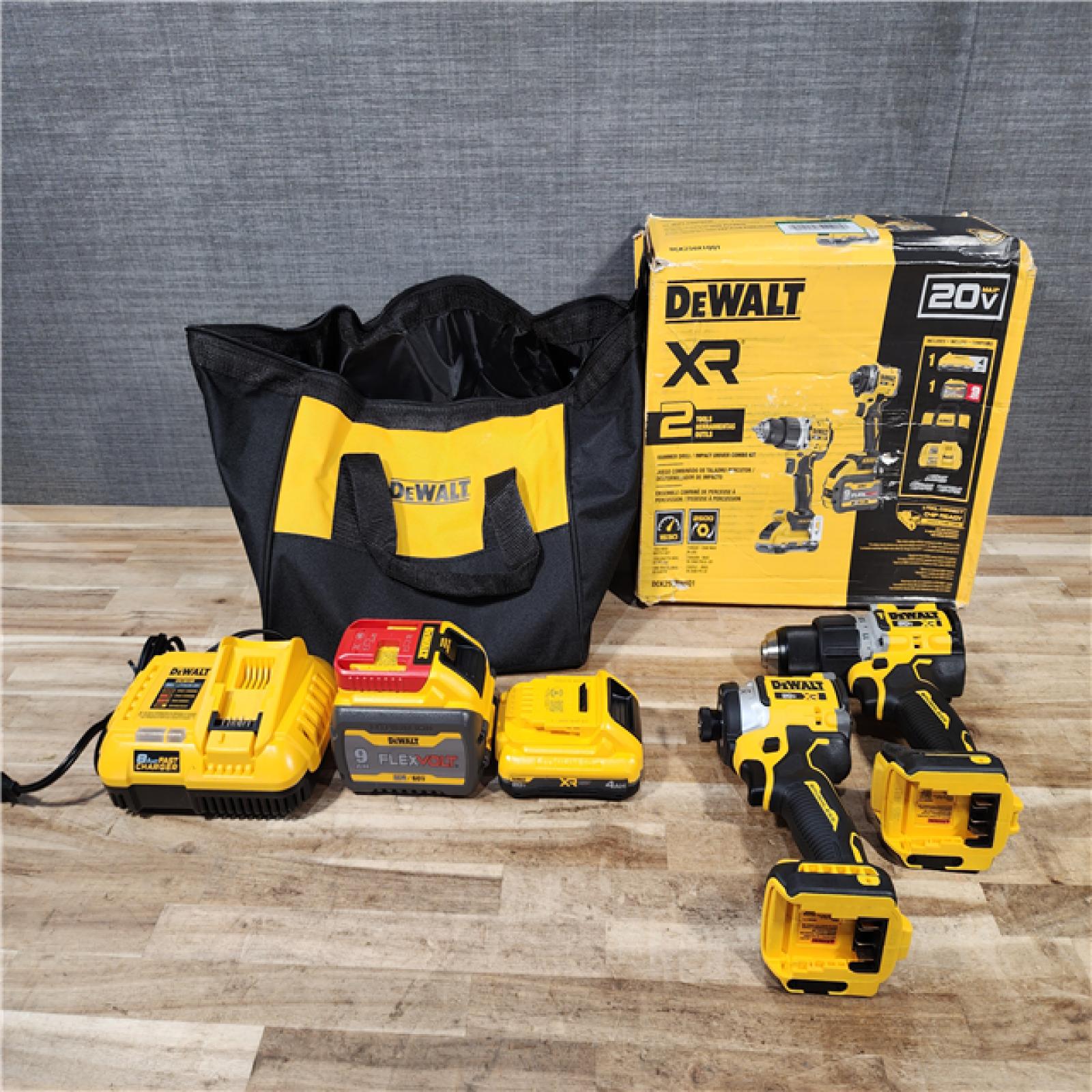 HOUSTON LOCATION - AS-IS (APPEARS LIKE NEW) DEWALT 20V Lithium-Ion Cordless 2-Tool Combo Kit with 20V/60V FLEXVOLT 9 Ah Battery  4 Ah Battery and Charger