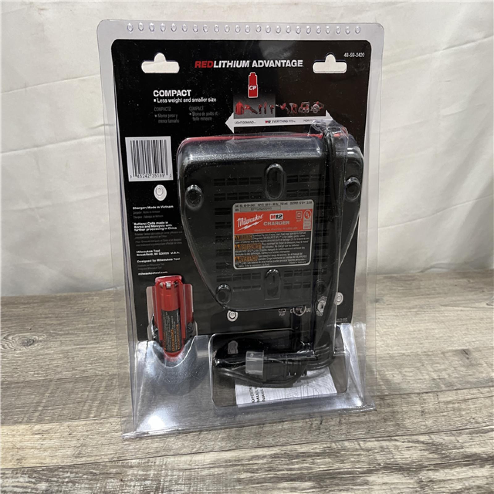 NEW - Milwaukee 12-Volt Lithium-Ion Compact Battery Pack 2.0Ah and Charger Starter Kit