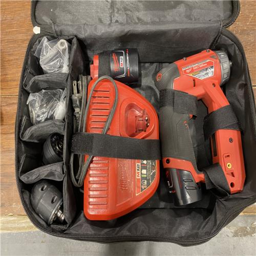 AS-IS Milwaukee M12 FUEL 12V Lithium-Ion Brushless Cordless 4-in-1 Installation 3/8 in. Drill Driver Kit with 4-Tool Heads