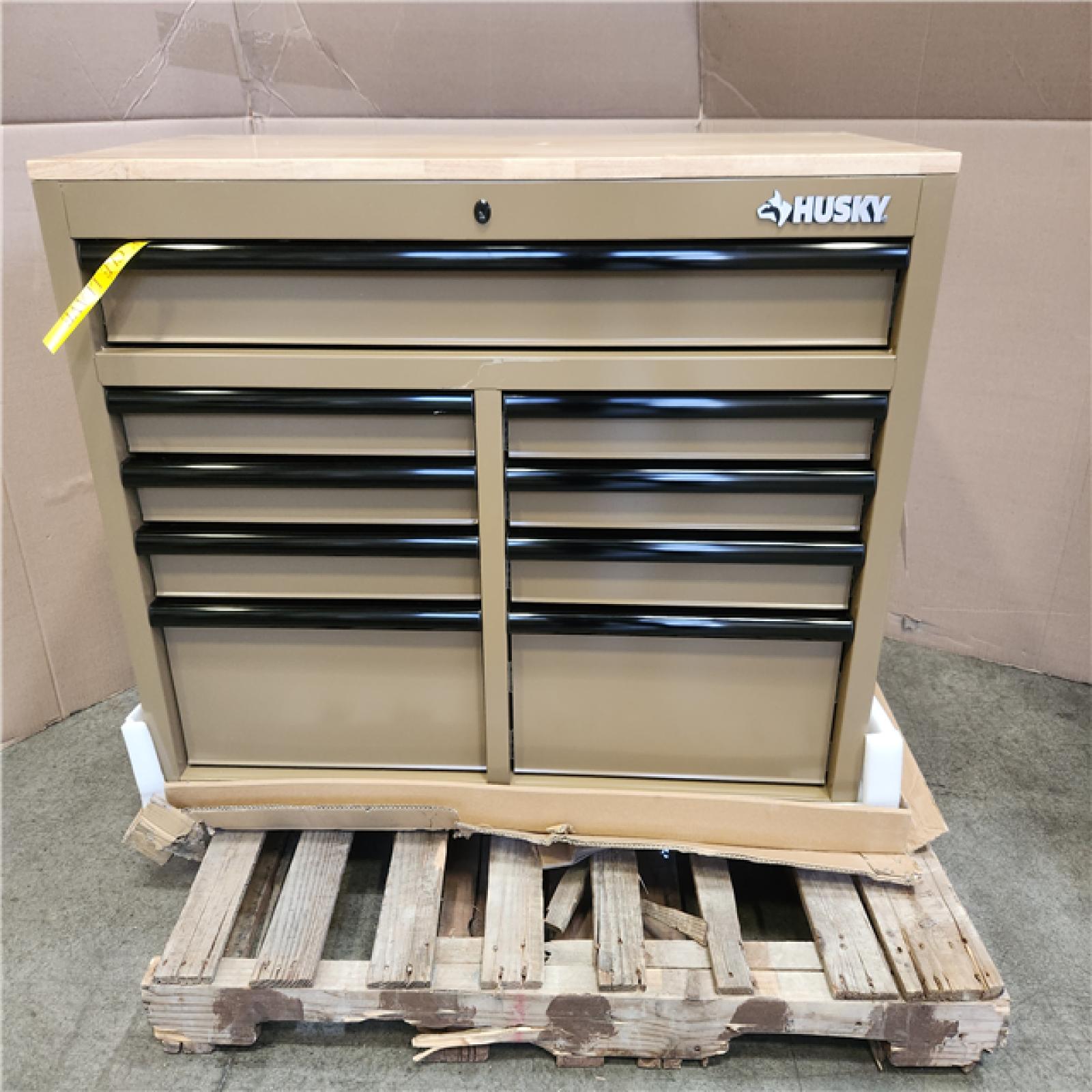 Phoenix NEW Husky Standard Duty 46 in. W x 18 in. D 9-Drawer Gloss Tan Mobile Workbench Cabinet with Solid Wood Top