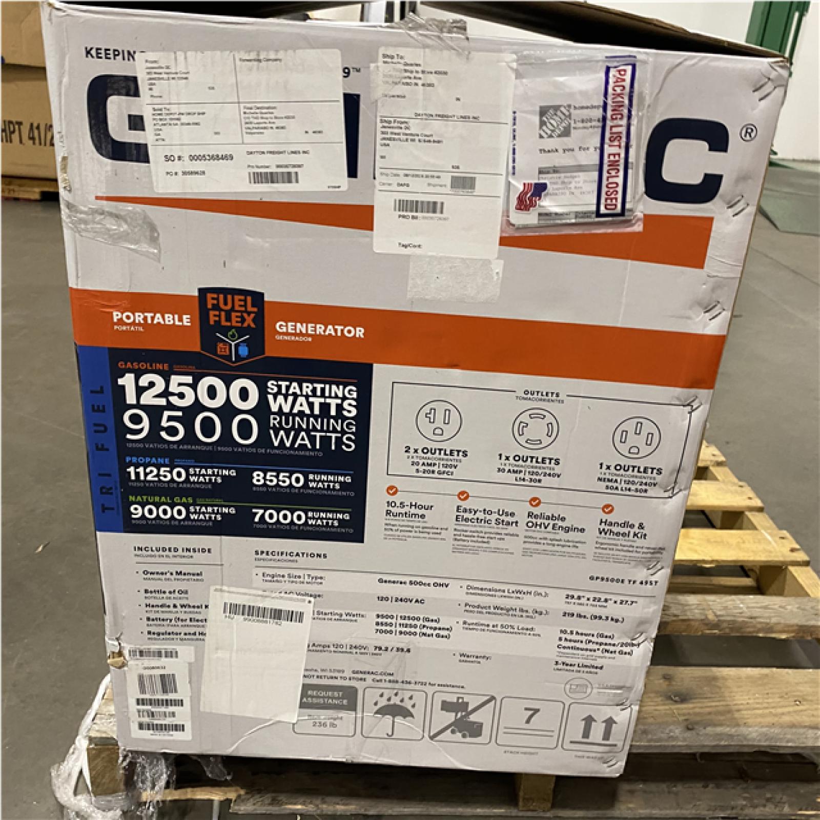 Dallas Location - As-Is  Generac Generac GP Series 9 500 Watt (120 / 240V) Electric Button / Recoil Start Tri-Fuel Portable Generator