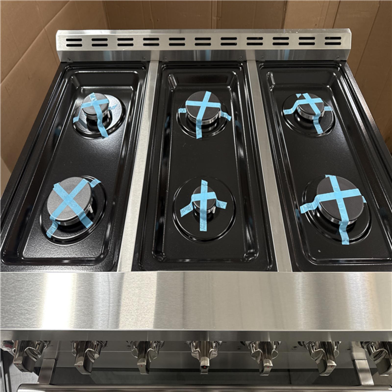 California AS-IS Duro 36 in 6-Burner Gas Range in Stainless Steel with Convection Oven Model FF3618; (Small dents on side)