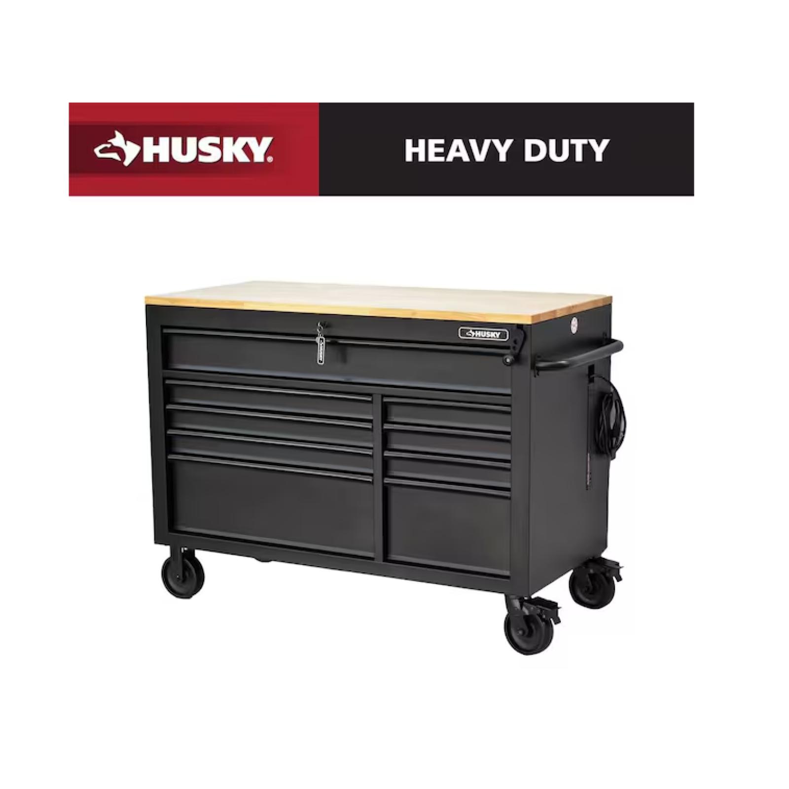 DALLAS LOCATION - Husky 52 in. W x 25 in. D Heavy Duty 9-Drawer Mobile Workbench Cabinet with Adjustable-Height Hardwood Top in Matte Black