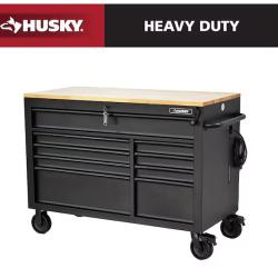 DALLAS LOCATION - Husky 52 in. W x 25 in. D Heavy Duty 9-Drawer Mobile Workbench Cabinet with Adjustable-Height Hardwood Top in Matte Black