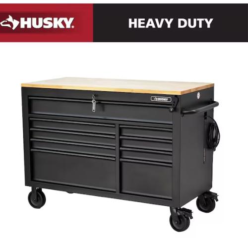 DALLAS LOCATION - Husky 52 in. W x 25 in. D Heavy Duty 9-Drawer Mobile Workbench Cabinet with Adjustable-Height Hardwood Top in Matte Black