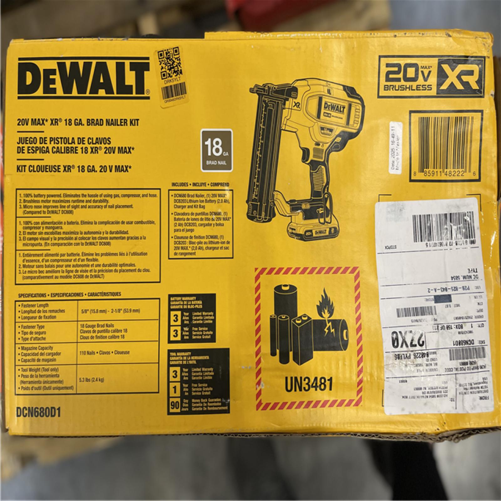 DALLAS LOCATION- DEWALT 20V MAX XR Lithium-Ion 2-1/8 in. 18-Gauge Electric Cordless Brad Nailer Kit w/ 2.0Ah Battery  Charger and Contractor Bag