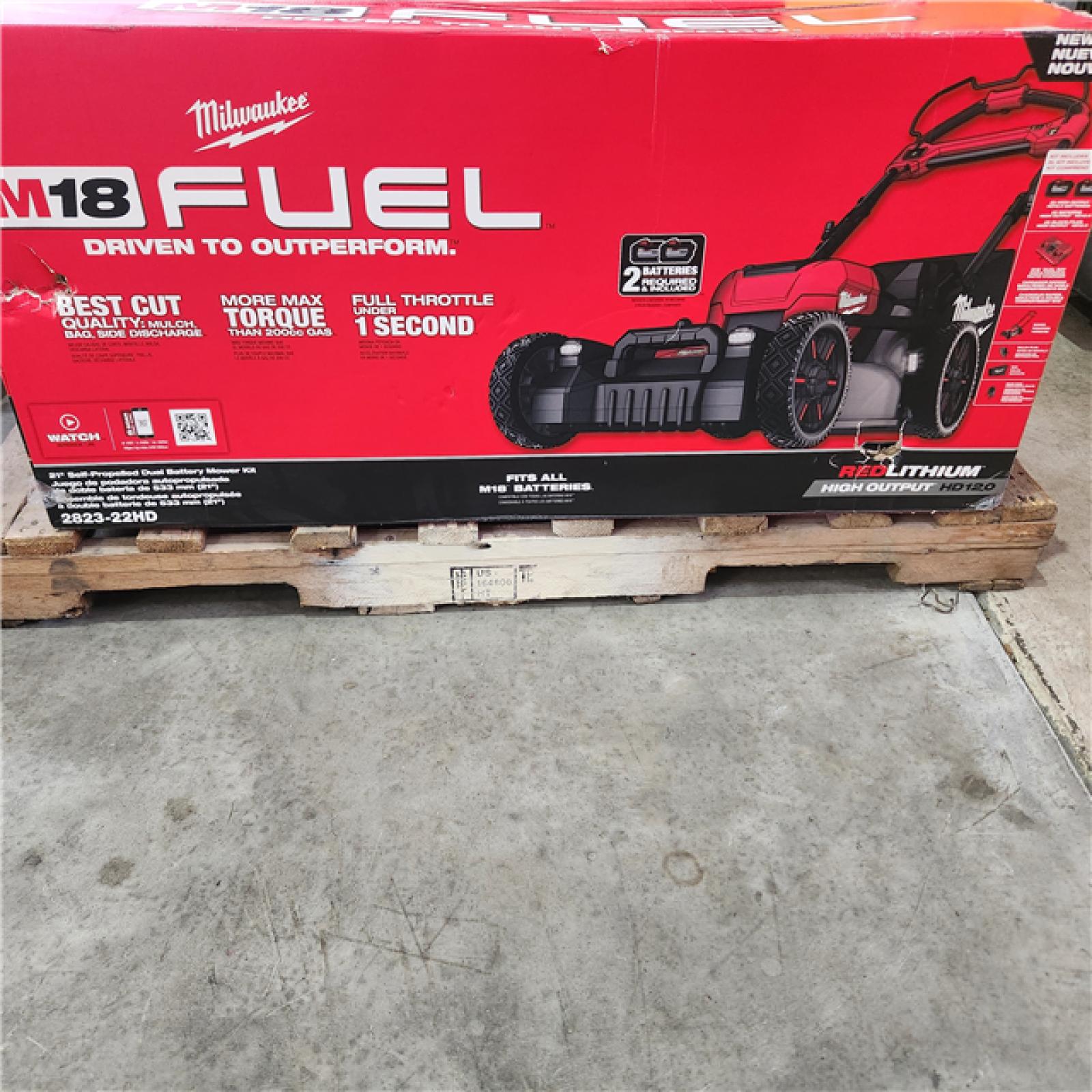 Houston location- AS-IS Milwaukee M18 FUEL Brushless Cordless 21 in. Walk Behind Dual Battery Self-Propelled Mower W/(2) 12.0Ah Battery and Rapid Charger Appears in new condition