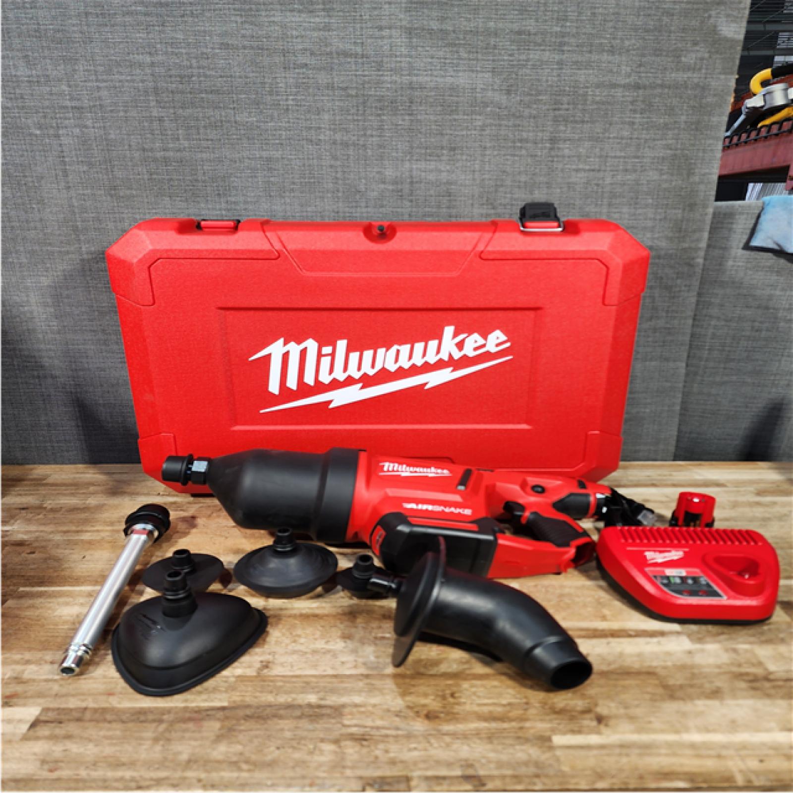 Houston Location AS-IS Milwaukee 12-Volt Lithium-Ion Cordless Drain Cleaning Airsnake Air Gun Kit