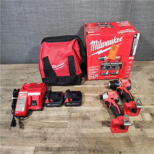 HOUSTON LOCATION - AS-IS Milwaukee M18 18V Lithium-Ion Brushless Cordless Compact Drill/Impact Combo Kit (2-Tool) W/(2) 2.0 Ah Batteries  Charger & Bag
