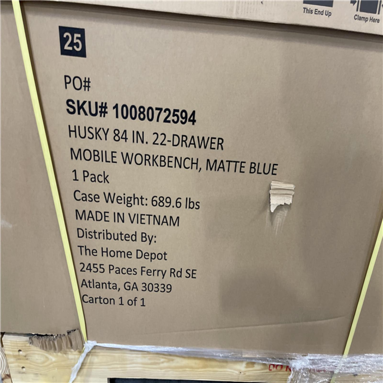 DALLAS LOCATION -Husky Tool Storage Heavy Duty 84 in. W x 24 in. D Matte Blue Mobile Workbench Cabinet