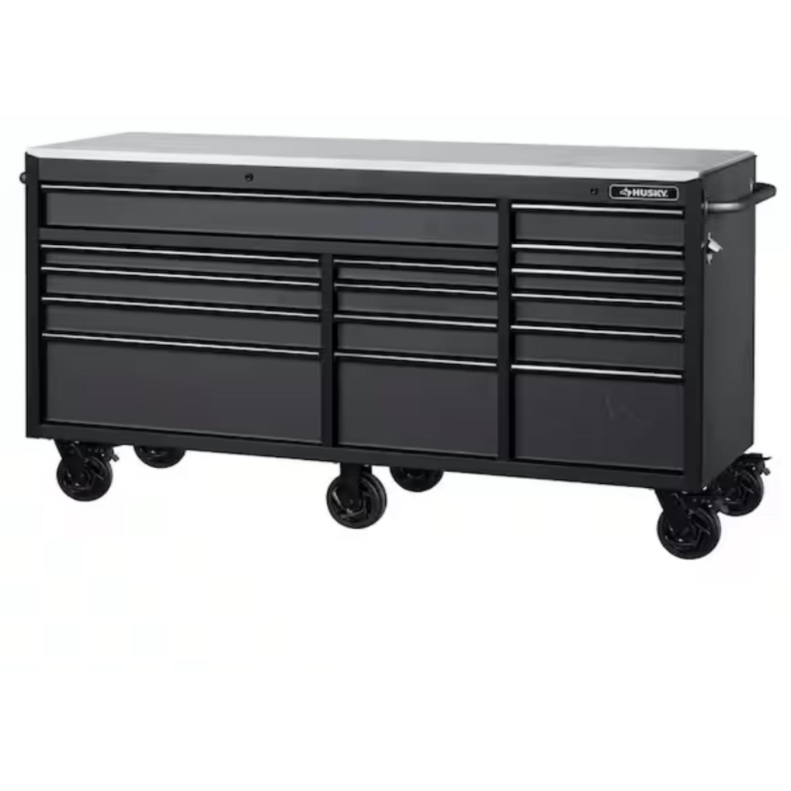 DALLAS LOCATION- AS-IS HUSKY 72 IN. 15- DRAWER MOBILE WORK CENTER- MATTE BLACK