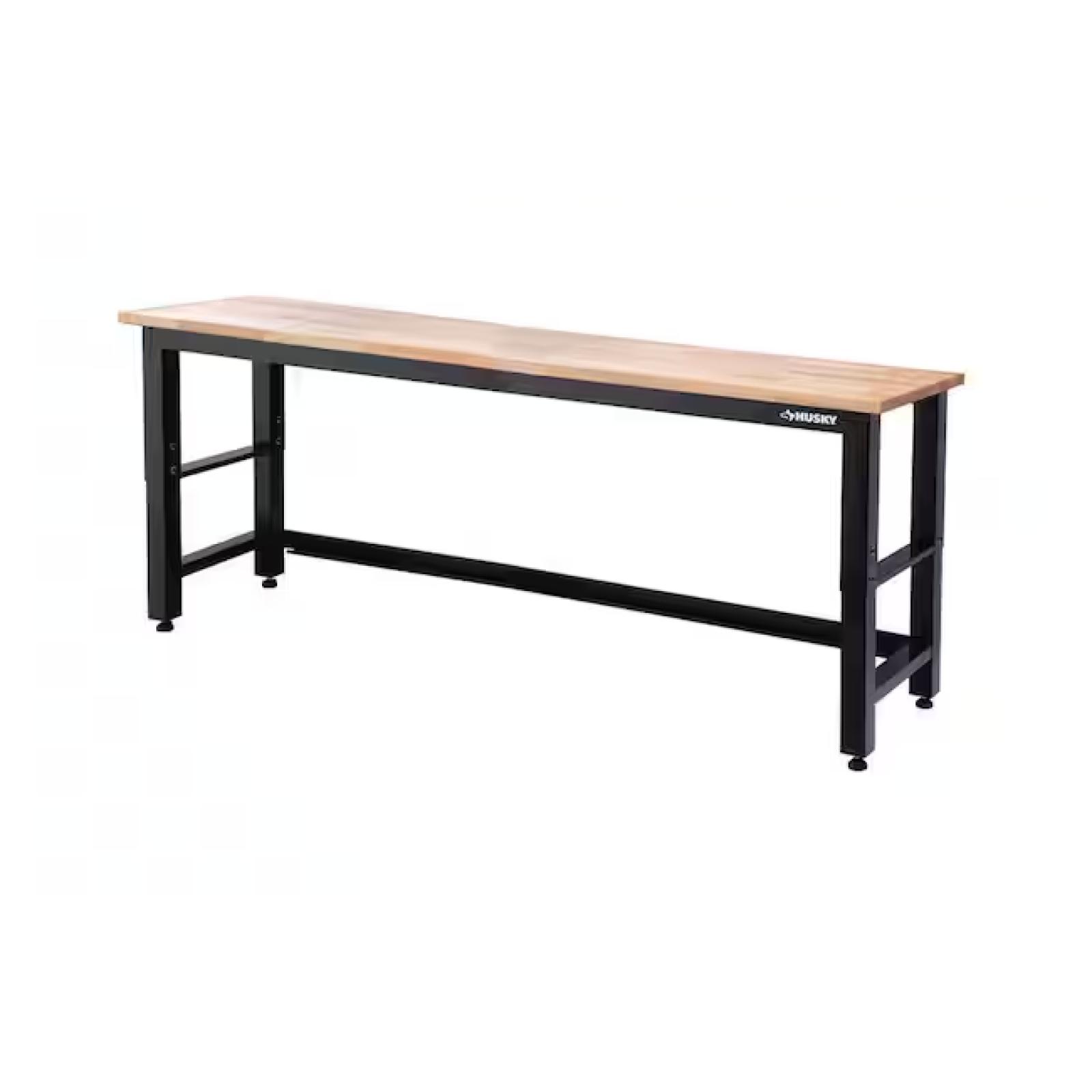 DALLAS LOCATION - Husky 96 in. W x 24 in. D Adjustable Height Black Workbench, Solid Wood Top for Ready to Assemble Steel Garage Storage System