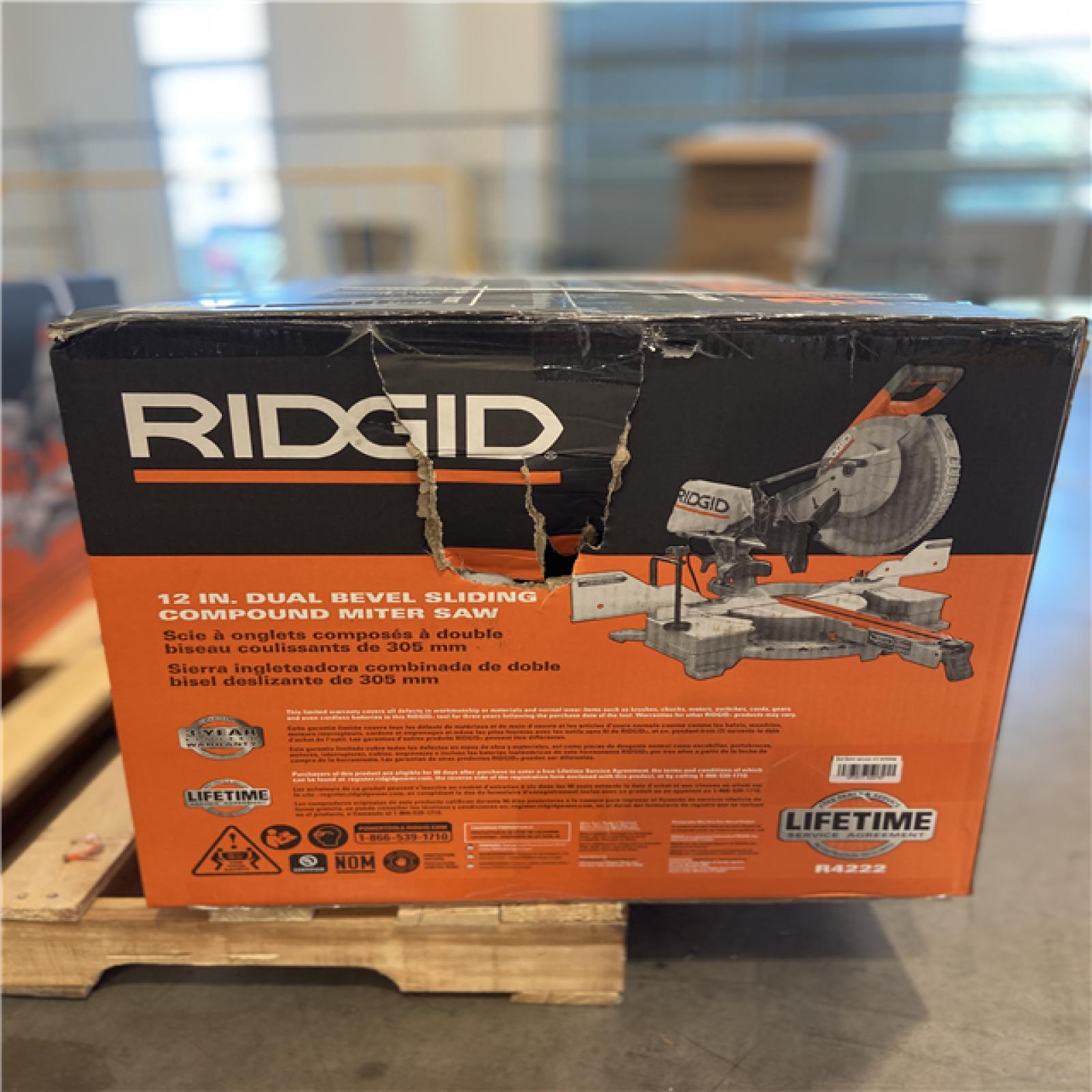DALLAS LOCATION -RIDGID 15 Amp Corded 12 in. Dual Bevel Sliding Miter Saw with 70 Deg. Miter Capacity and LED Cut Line Indicator