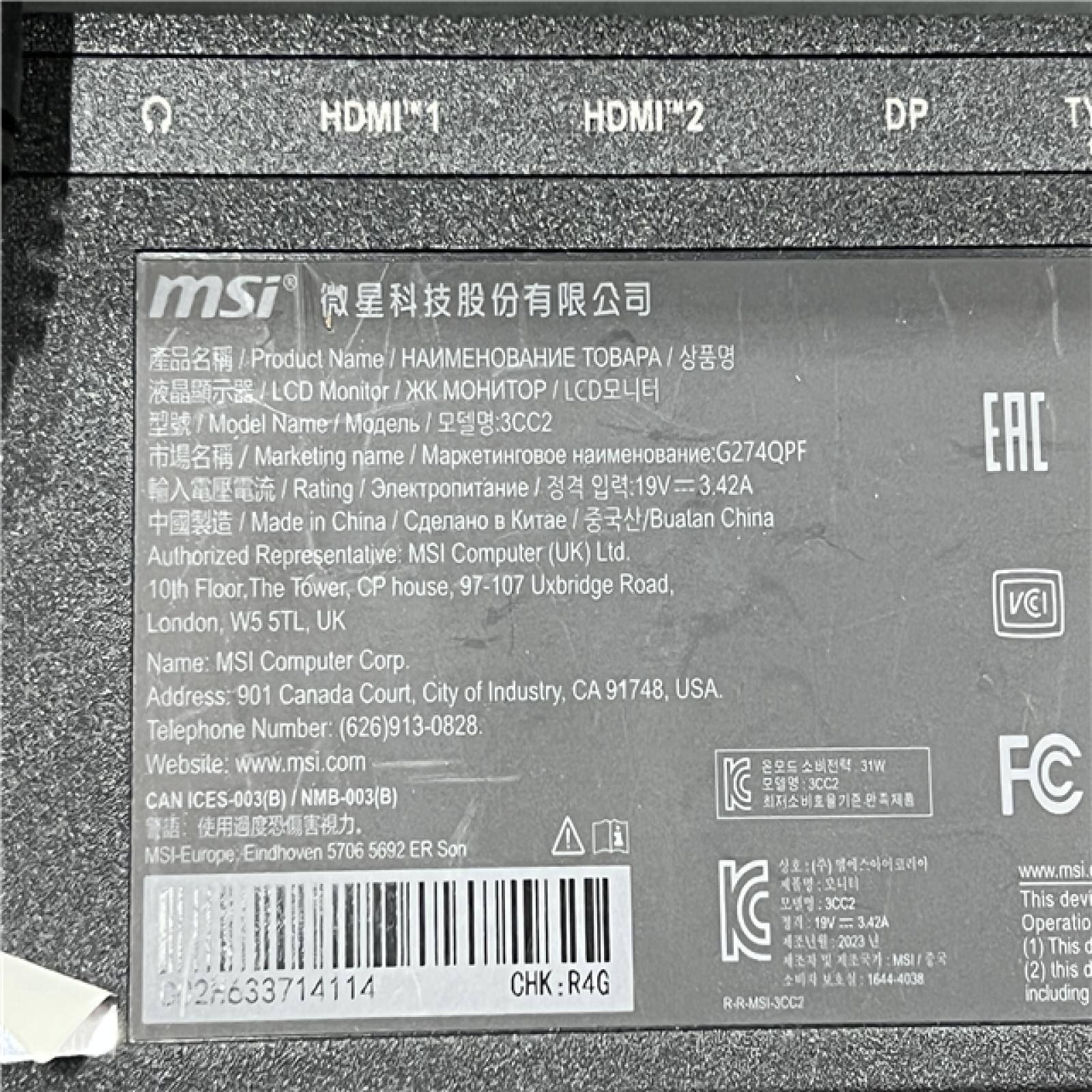 AS-IS MSI Optix G274  27 Gaming Monitor  1920 x 1080 FHD  IPS  170Hz 3CC2 - Black