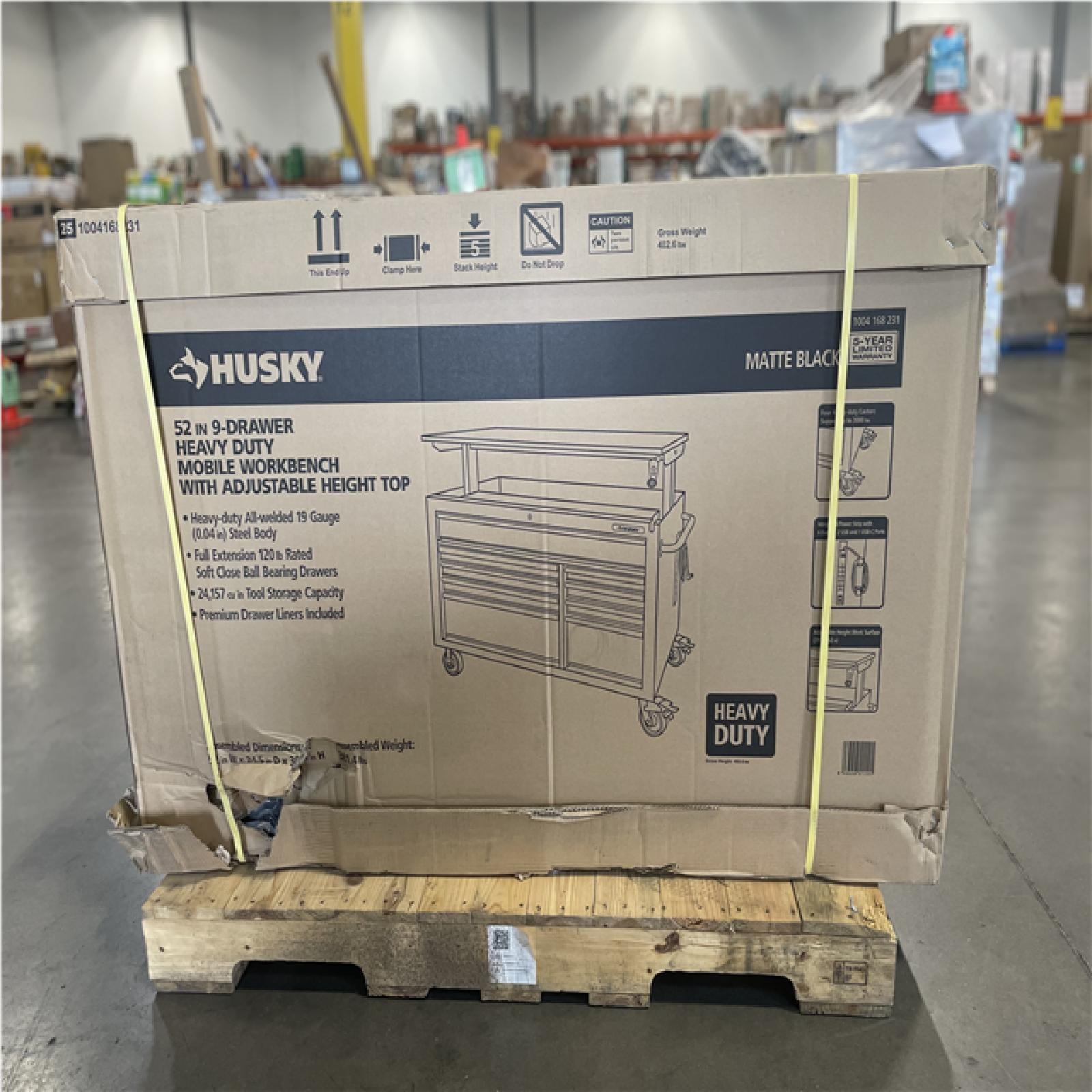 DALLAS LOCATION- AS-IS HUSKY 52 in. W x 25 in. D Heavy Duty 9-Drawer Mobile Workbench Cabinet w/ Adjustable-Height Hardwood Top