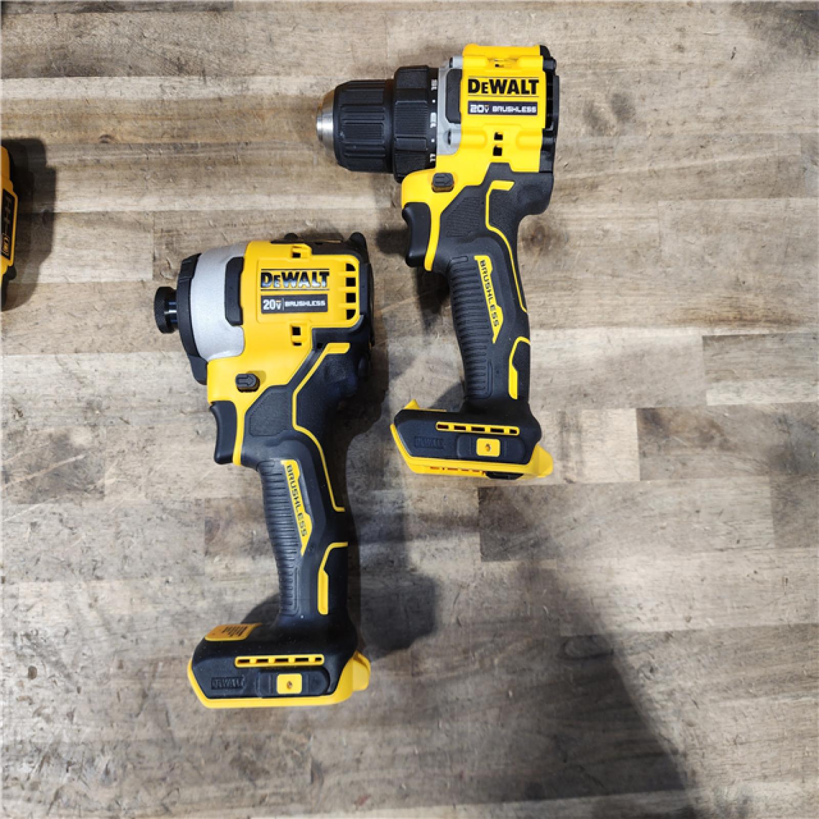 HOUSTON LOCATION - AS-IS (APPEARS LIKE NEW) Dewalt DCK225D2 20V MAX ATOMIC Brushless Compact Lithium-Ion 1/2 in. Cordless Drill Driver and 1/4 in. Impact Driver Combo Kit with 2 Batteries 2 Ah