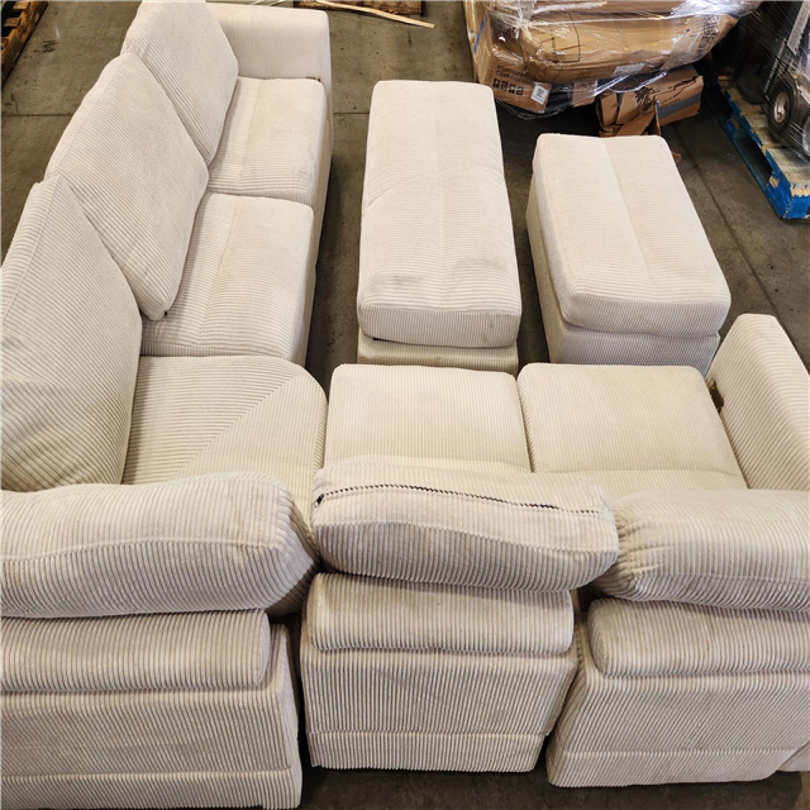 Phoenix AS-IS JEAREY 5-Piece Modern Straight Arm Corduroy Fabric L-Shaped Sectional Sofa with Ottoman in White