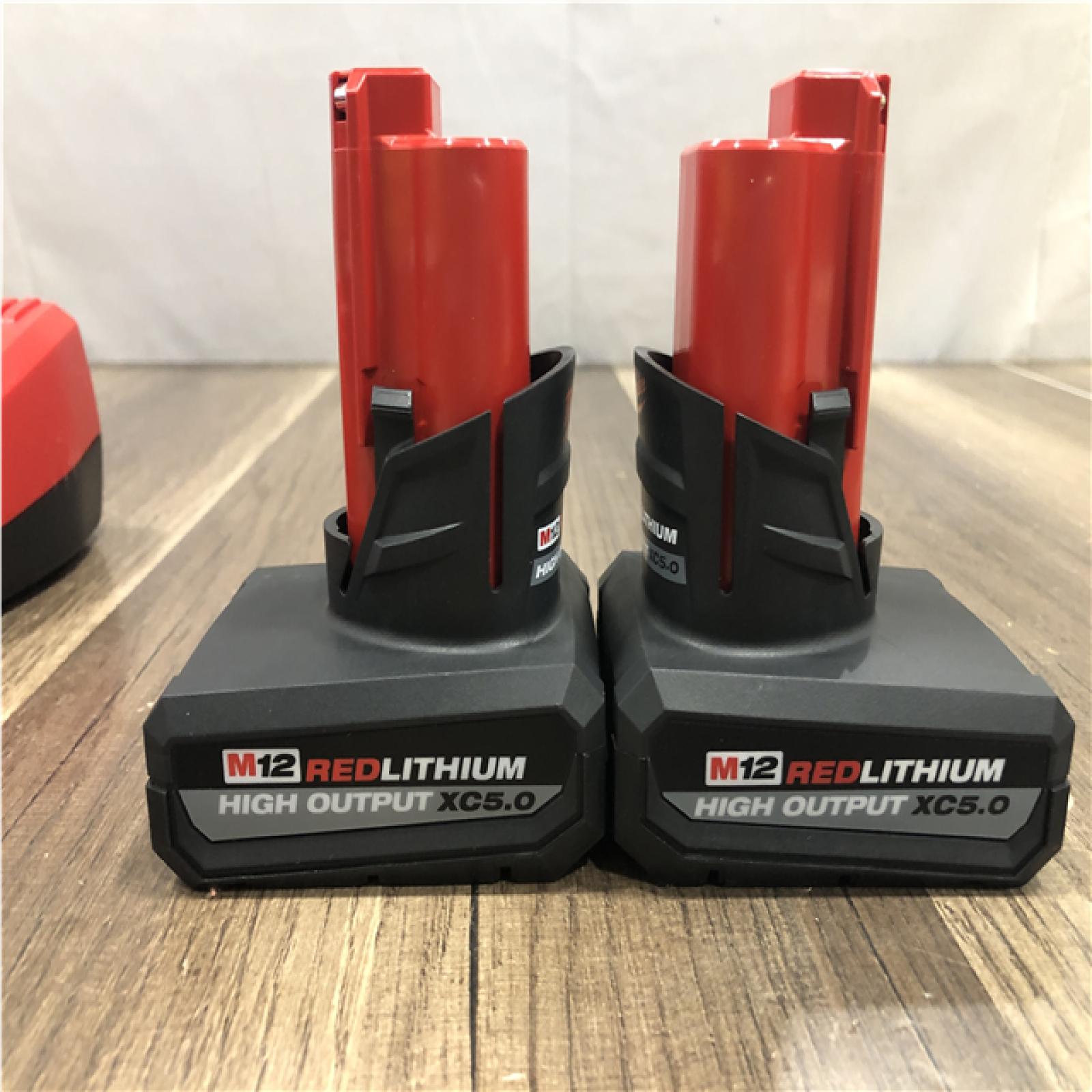 AS-IS Milwaukee 12V Lithium-Ion XC High Output 5.0 Ah Battery Pack (2-Pack) Starter Kit with Charger