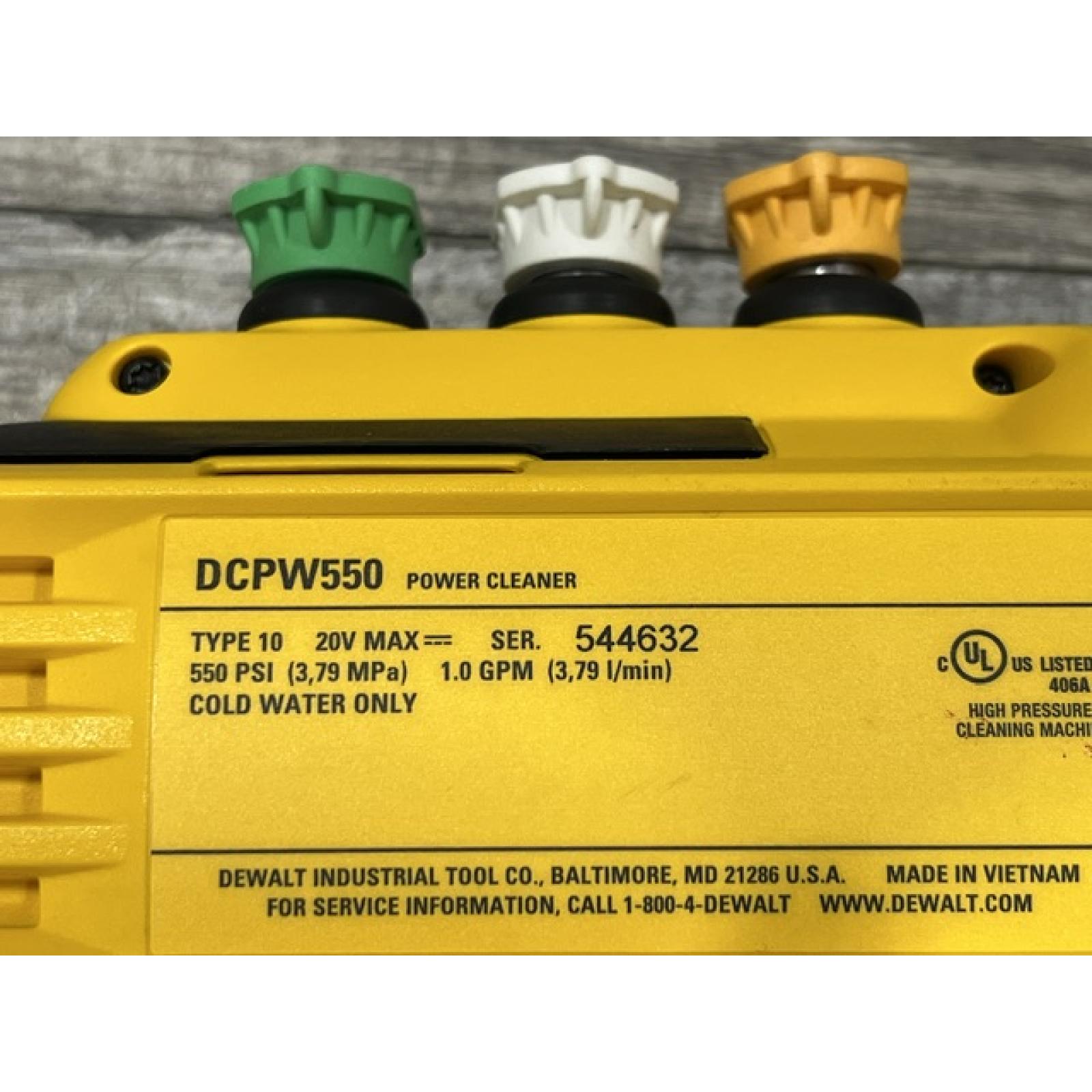 AS-IS DEWALT 20V MAX 550 PSI 1.0 GPM Cold Water Cordless Power Cleaner with 4-Nozzles (Tool Only)