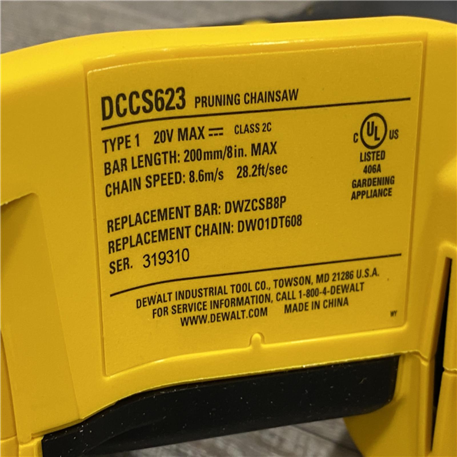 AS-IS DEWALT 20V MAX 8 in. Brushless Cordless Battery Powered Pruning Chainsaw (Tool Only)