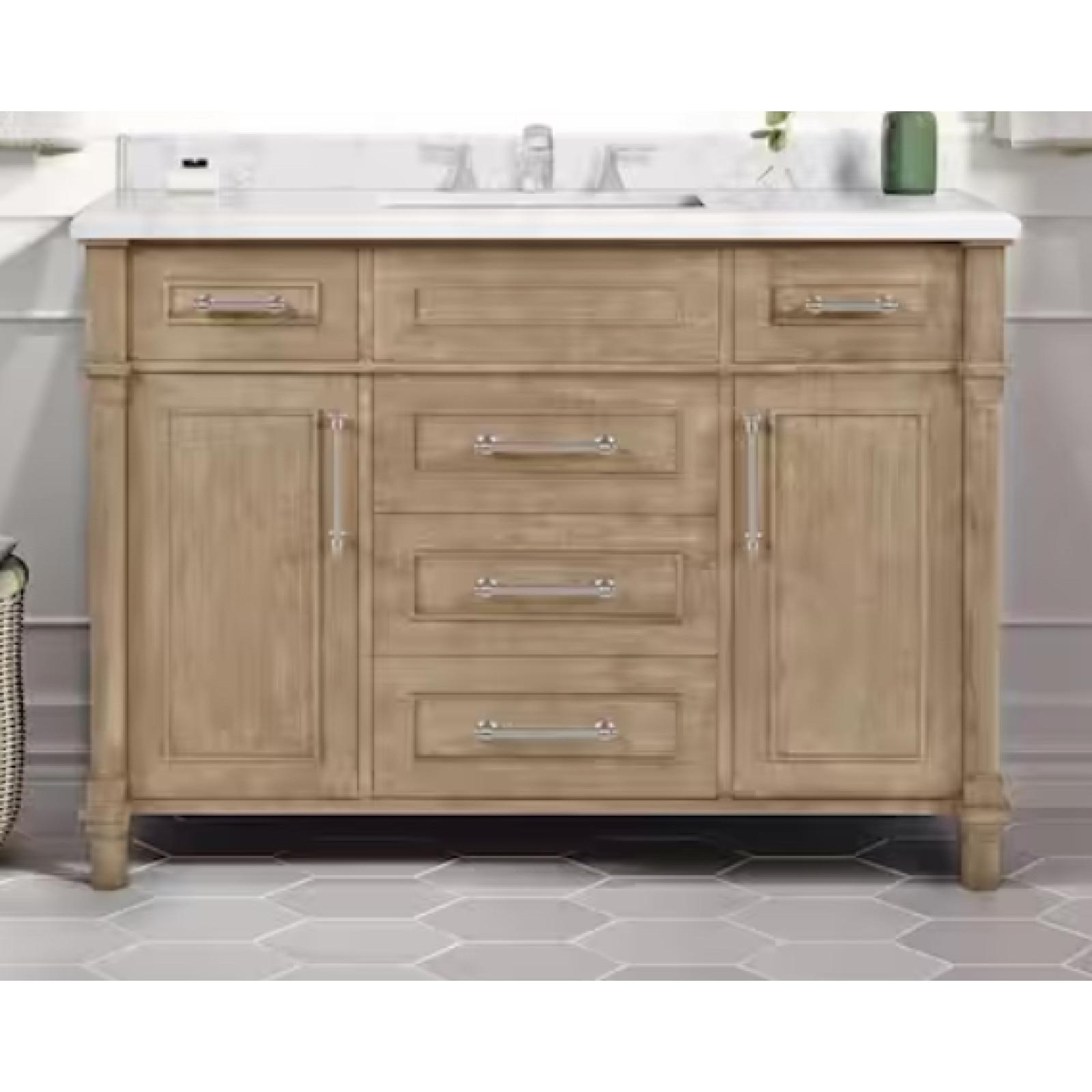 DALLAS LOCATION -  NEW! Home Decorators Collection Aberdeen 48 in. Single Sink Freestanding Antique Oak Bath Vanity with Carrara Marble