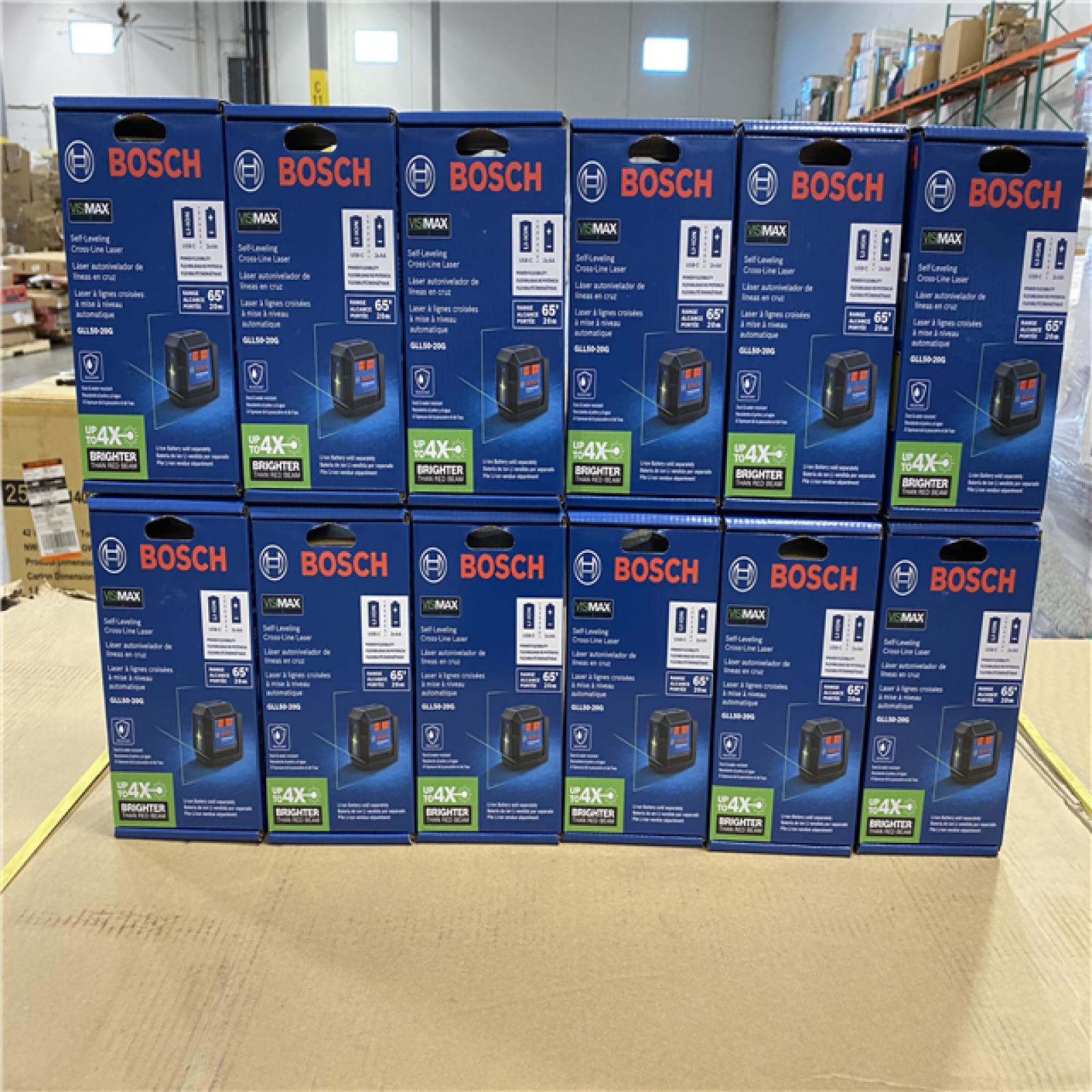 NEW! -Bosch Tool Corp GLL50-20G Cross-Line Laser 2 beam Self Leveling 65 ft. Green - (12 UNITS)